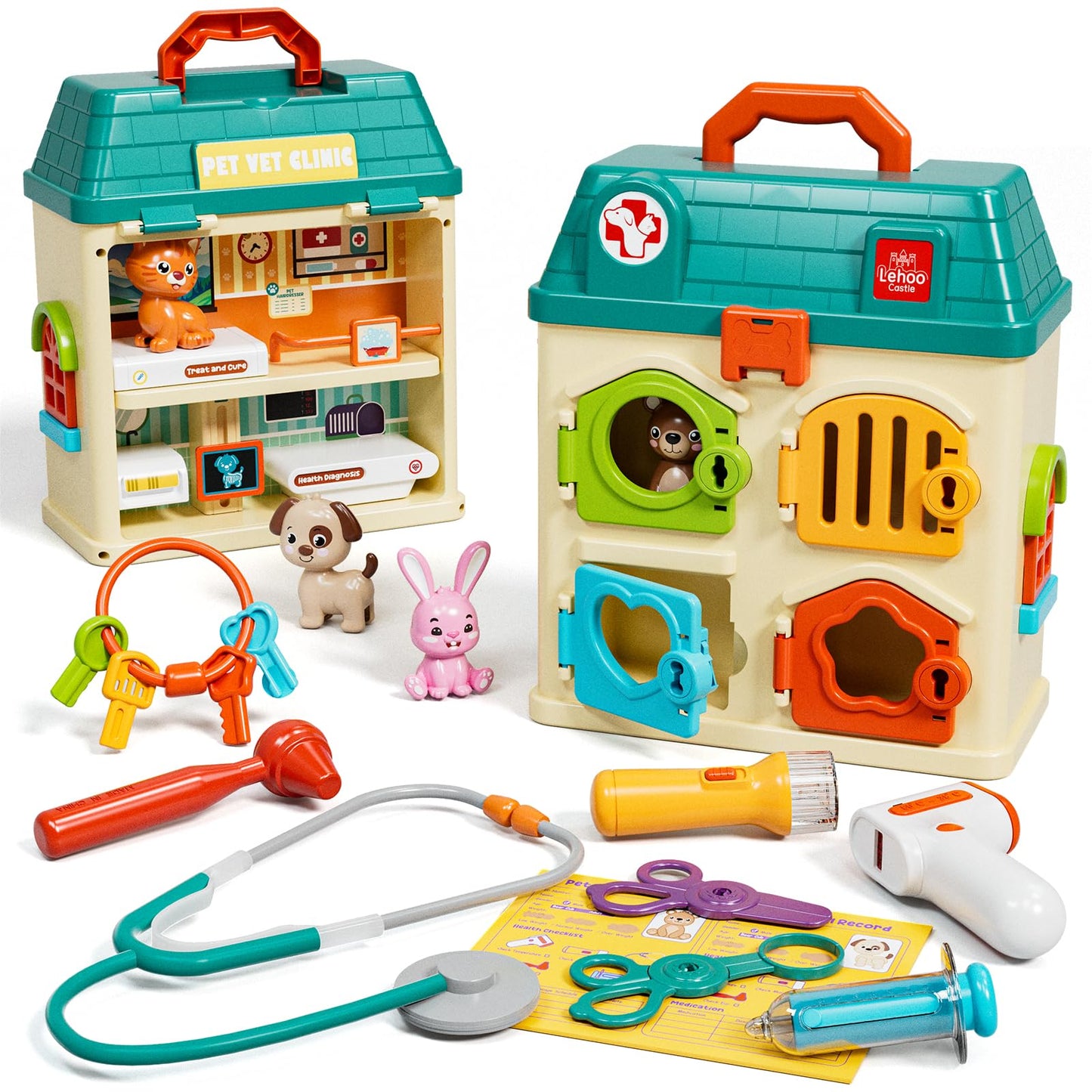 Lehoo Castle Veterinarian Playset – 4-Room Pet Vet Kit with Keys for Kids