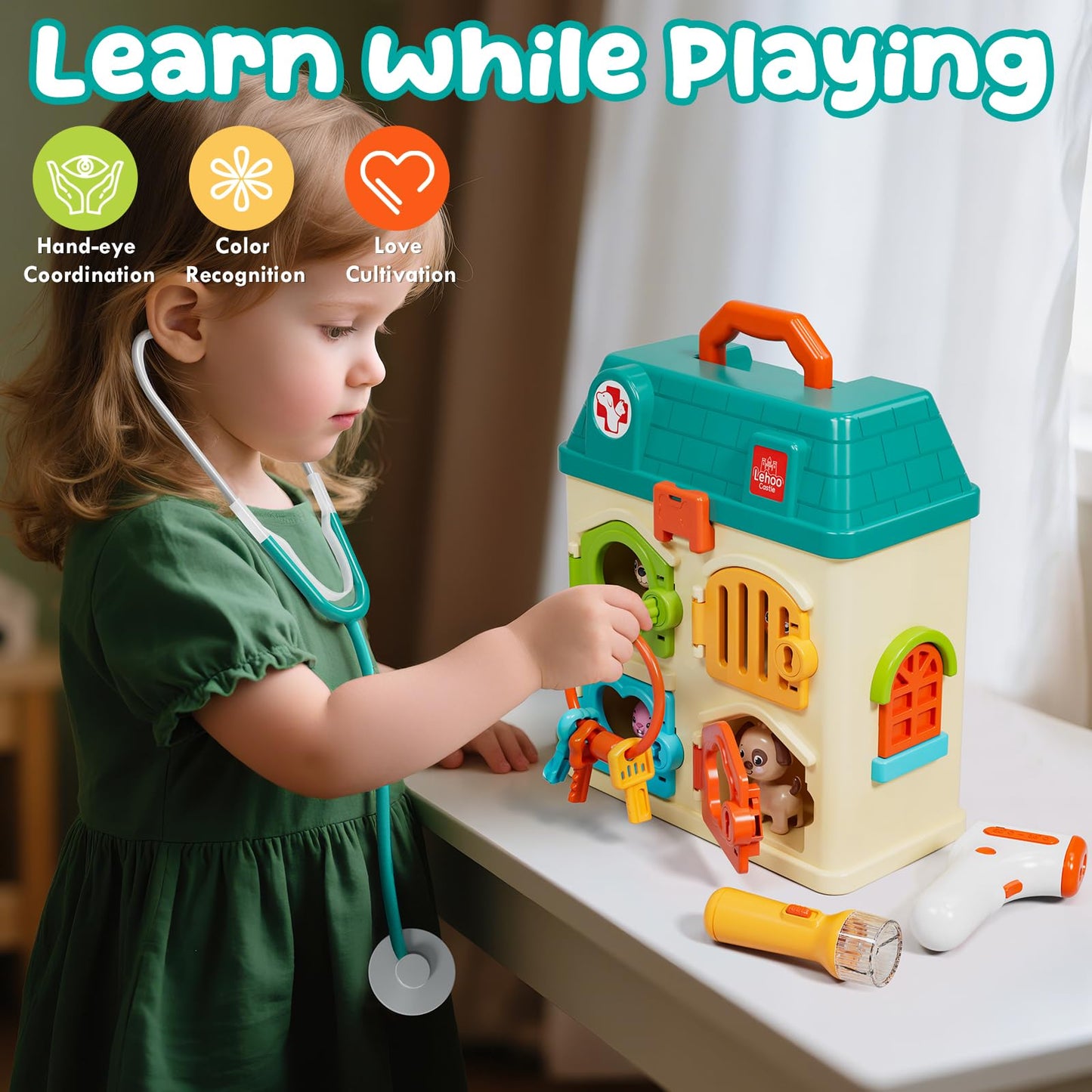Lehoo Castle Veterinarian Playset – 4-Room Pet Vet Kit with Keys for Kids