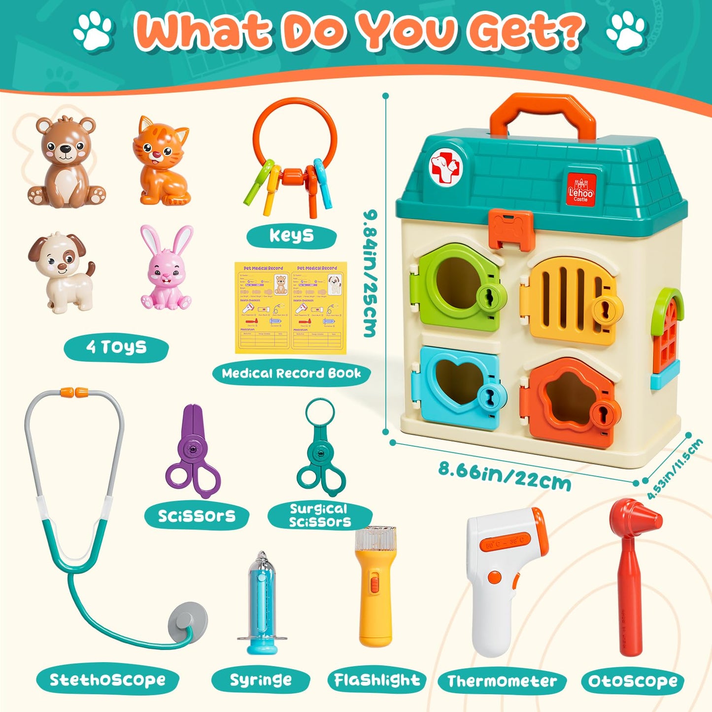 Lehoo Castle Veterinarian Playset – 4-Room Pet Vet Kit with Keys for Kids
