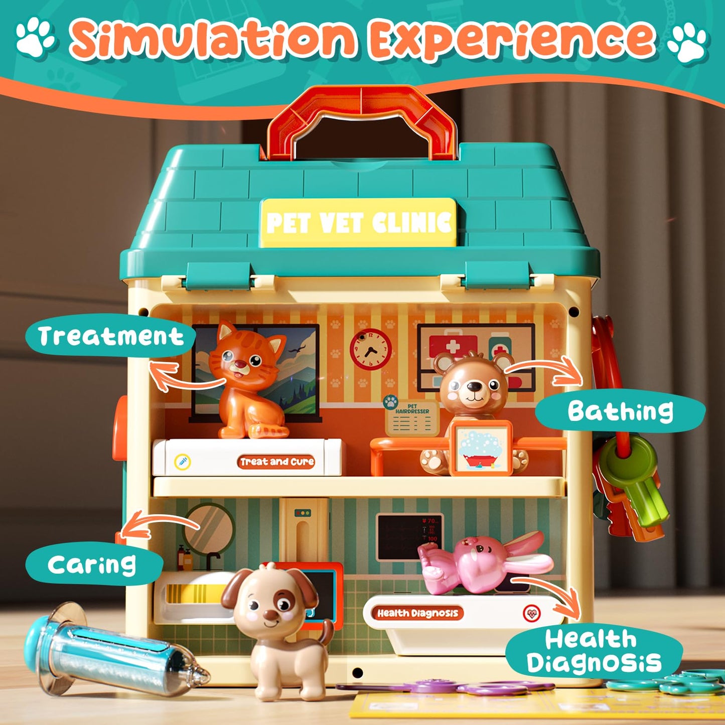 Lehoo Castle Veterinarian Playset – 4-Room Pet Vet Kit with Keys for Kids