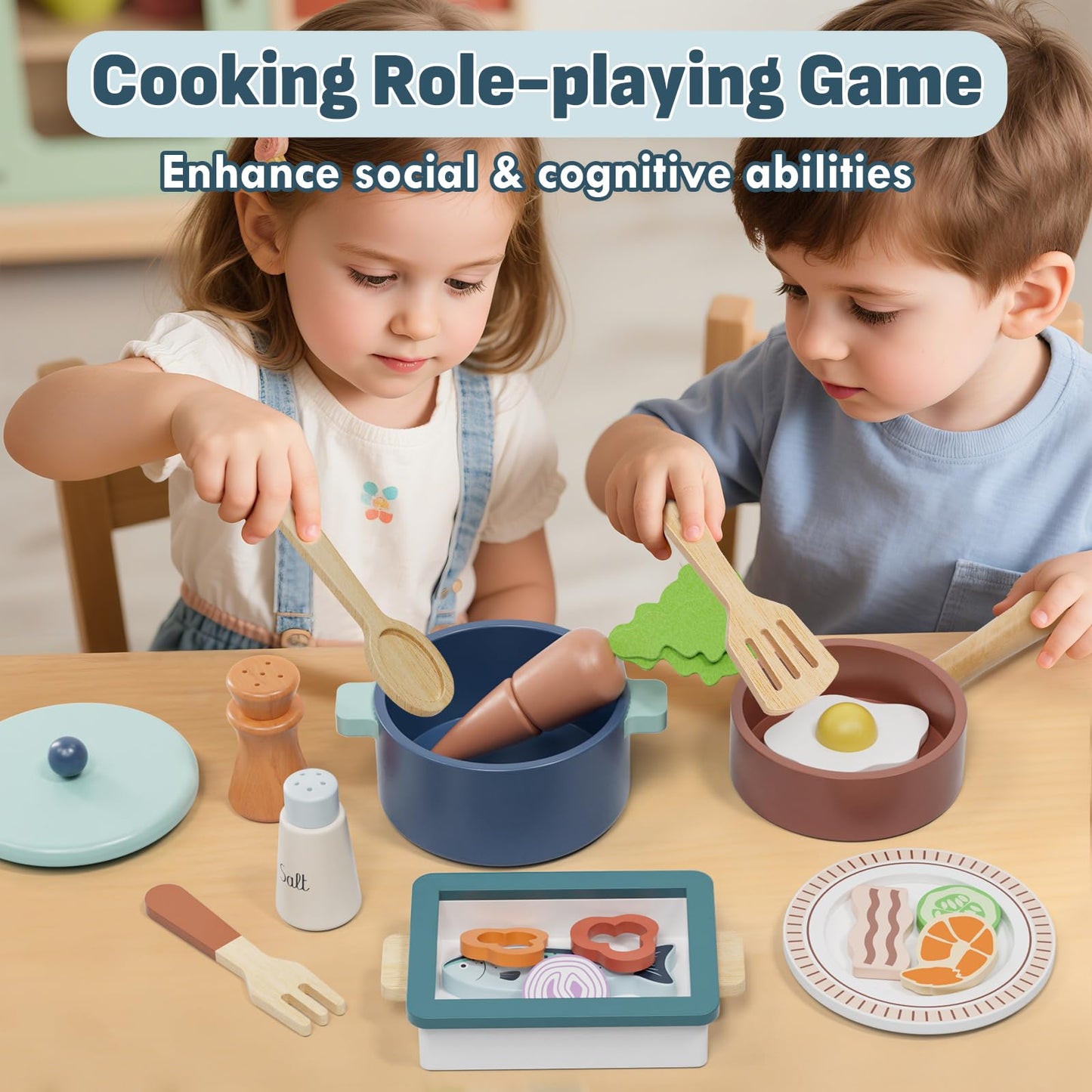 Lehoo Castle Wooden Play Kitchen Accessories – Pots, Pans & Cuttable Food Sets for Toddlers