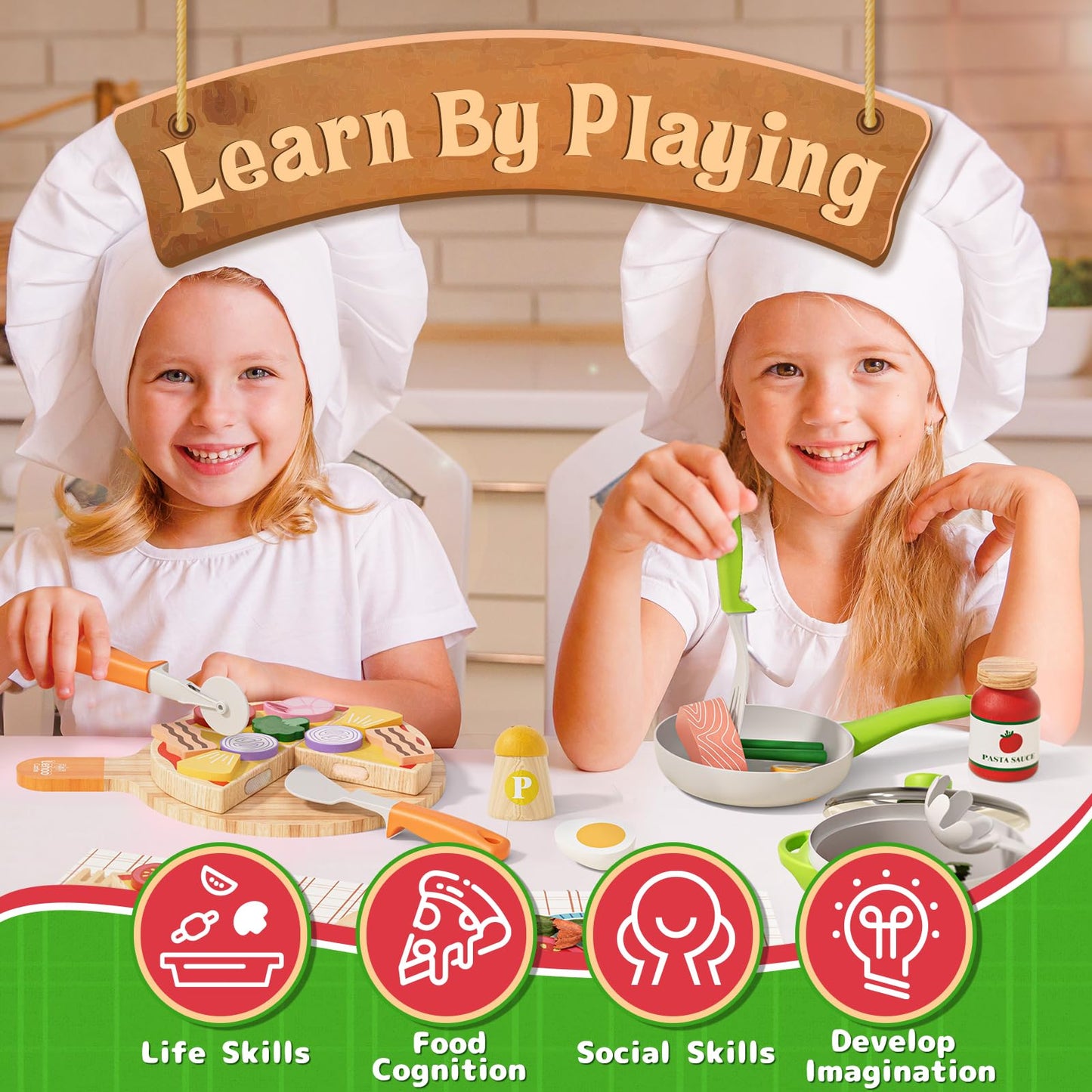 Lehoo Castle Wooden Play Food Sets – Pizza Toy with Pot & Pan for Kids