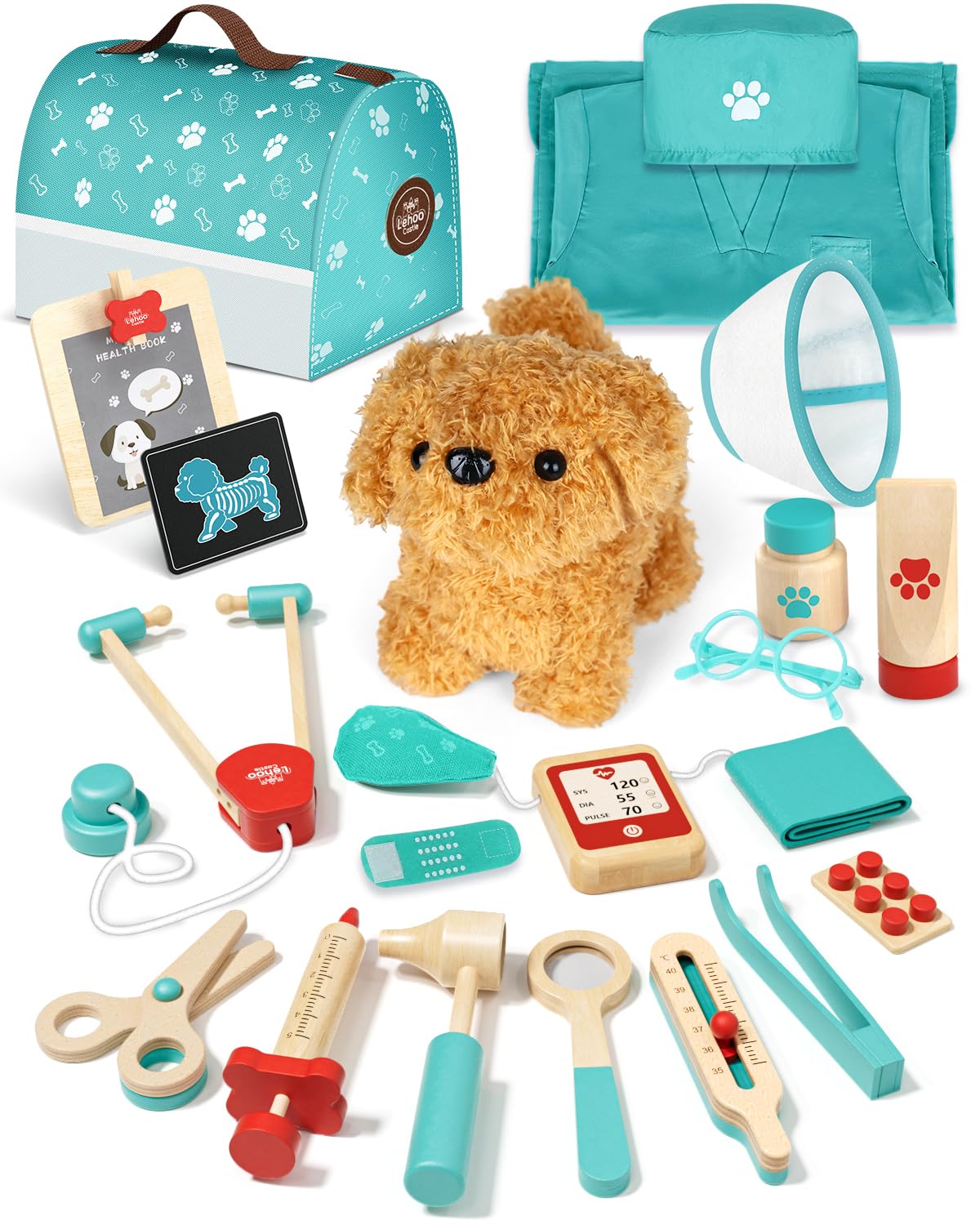 Lehoo Castle Wooden Doctor Kit for Kids | Pretend Vet Play Set with Dog Bag
