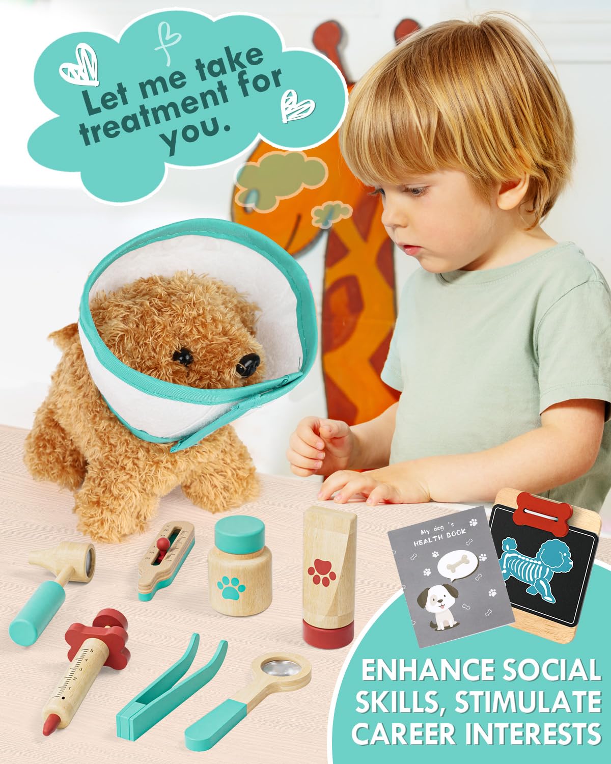 Lehoo Castle Wooden Doctor Kit for Kids | Pretend Vet Play Set with Dog Bag