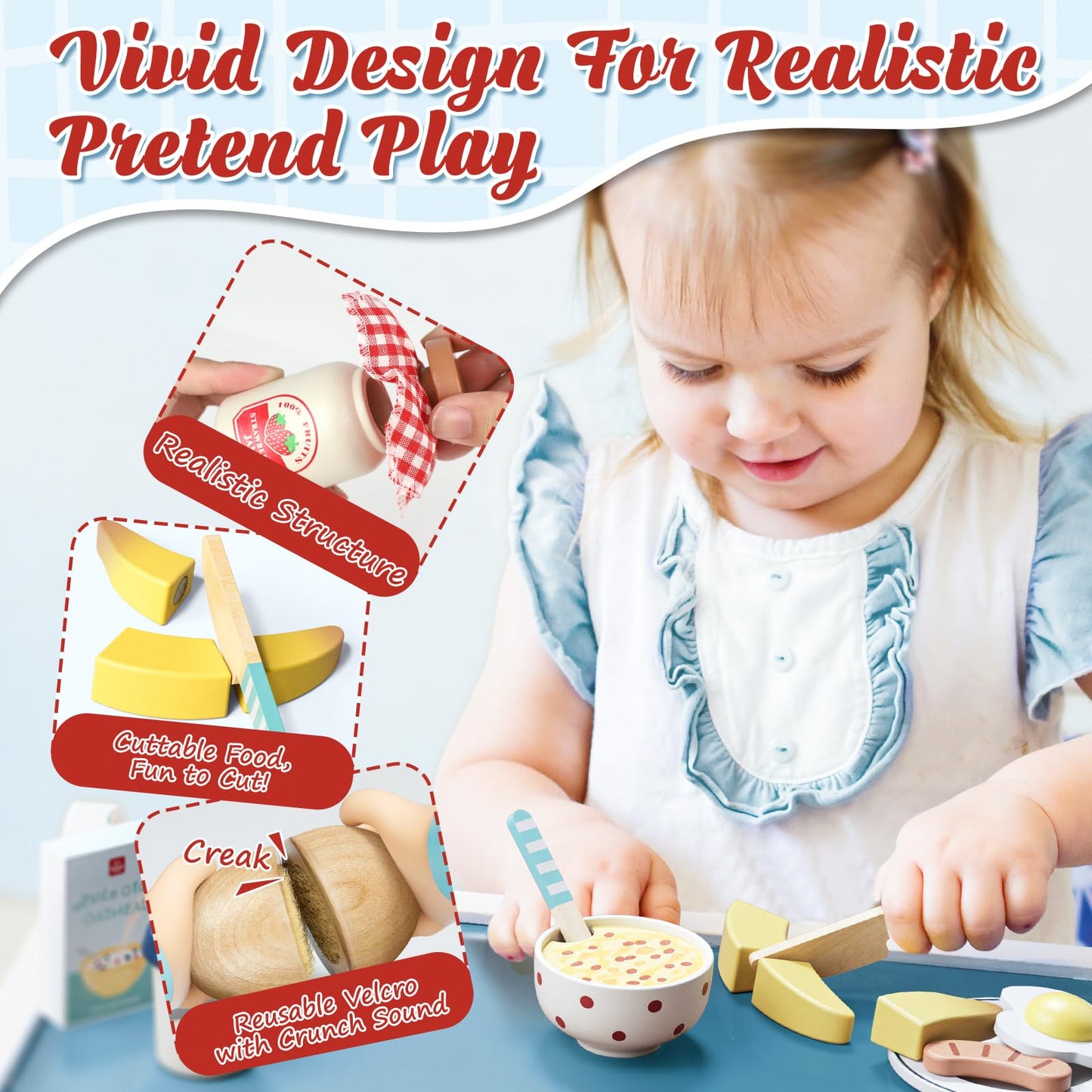 Lehoo Castle Wooden Play Food Set – Montessori Cutting Toys for Kids 3-5, with Storage Bag