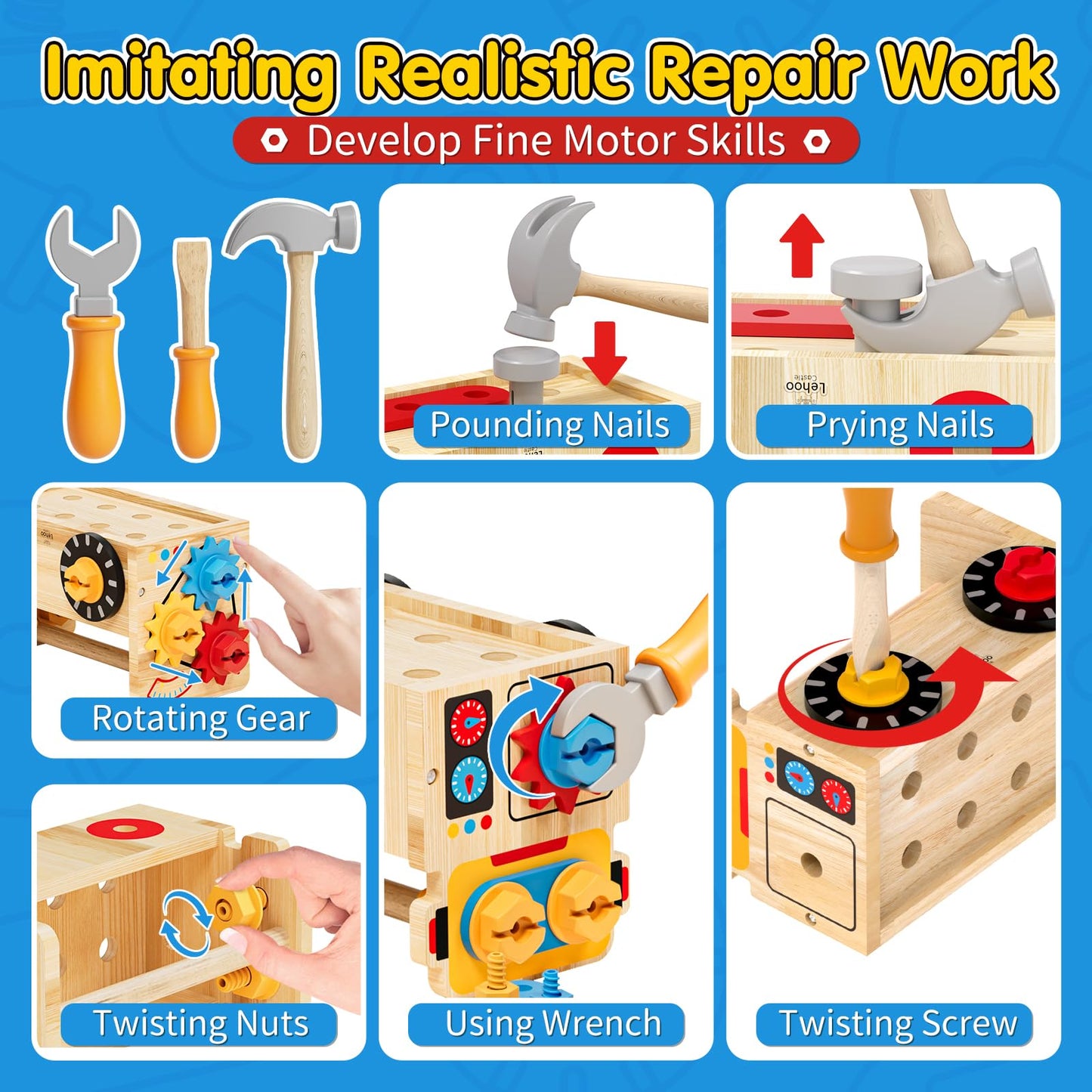 Lehoo Castle Montessori Kids Tool Set – Wooden Toddler Tool Bench for Ages 2-4 | STEM Pretend Play