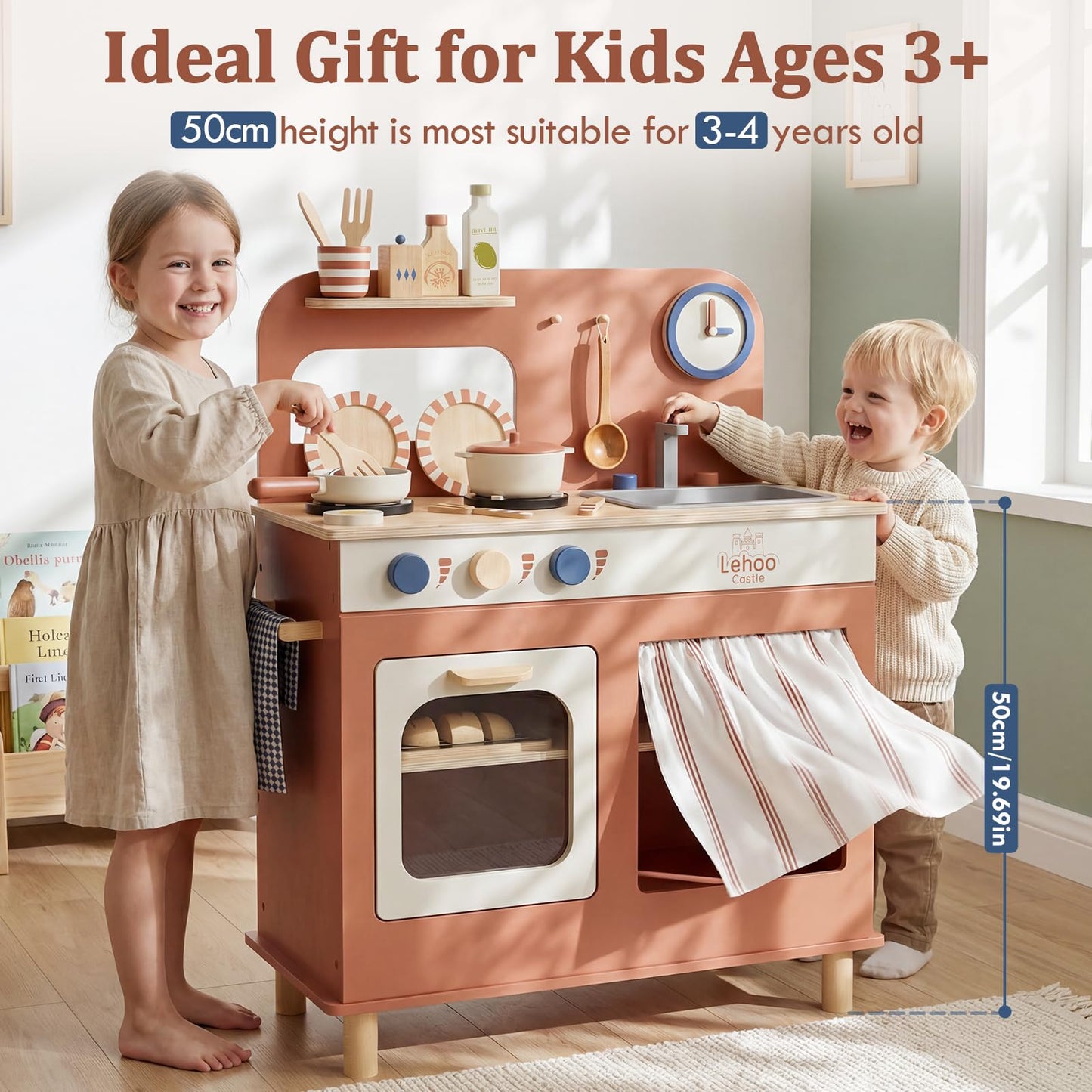 Lehoo Castle Kids Play Kitchen for Toddlers – Wooden Small Kitchen with Accessories