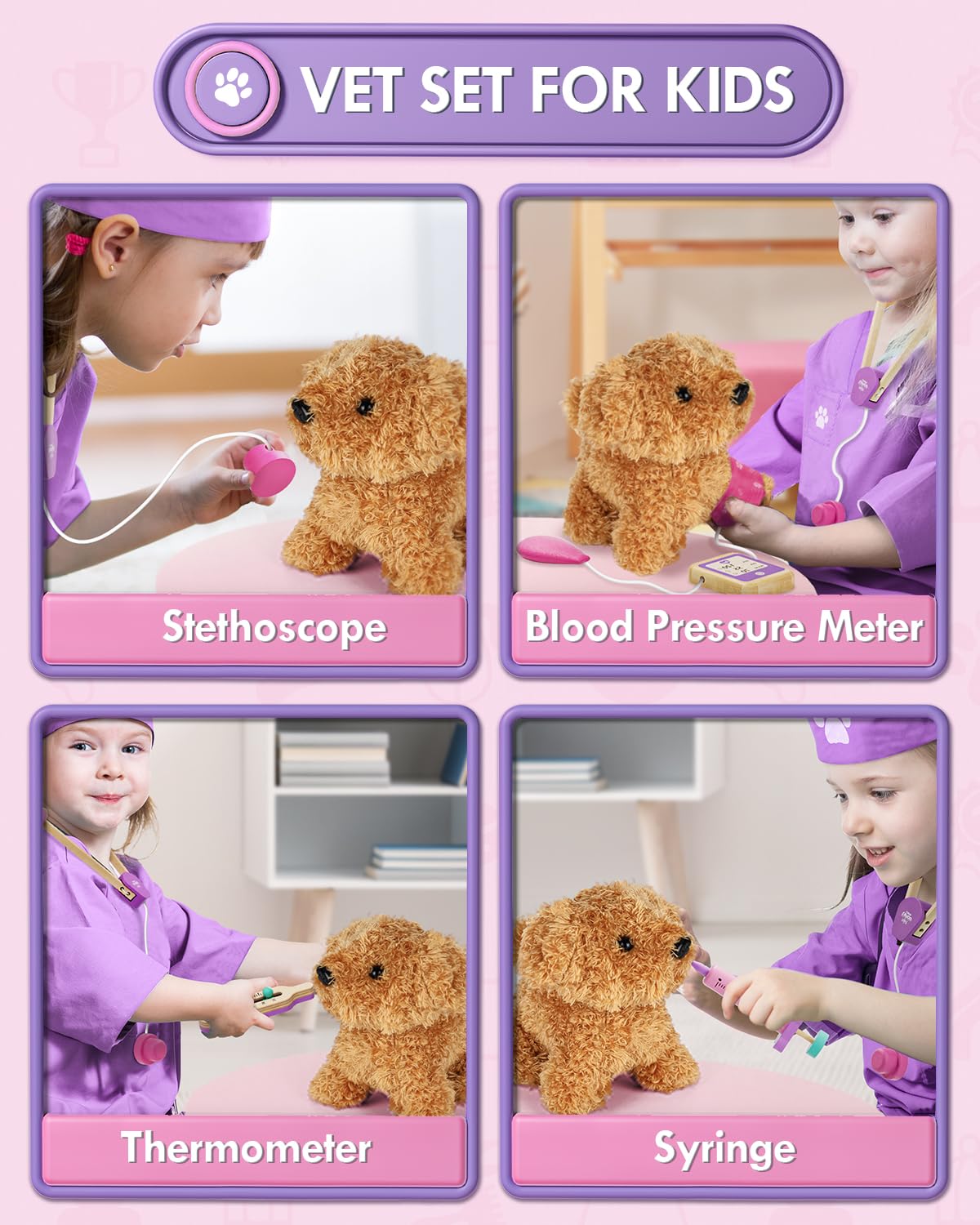 Lehoo Castle Wooden Doctor Playset for Kids — Vet Kit with Puppy (Pink, Ages 3-8)
