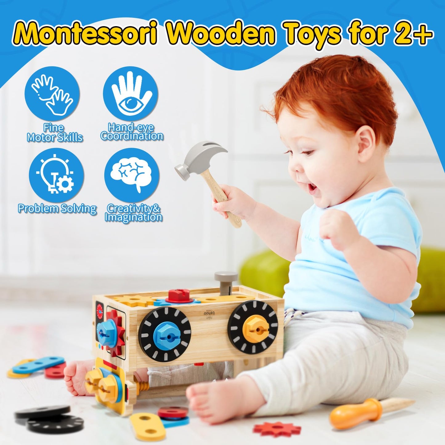 Lehoo Castle Montessori Kids Tool Set – Wooden Toddler Tool Bench for Ages 2-4 | STEM Pretend Play