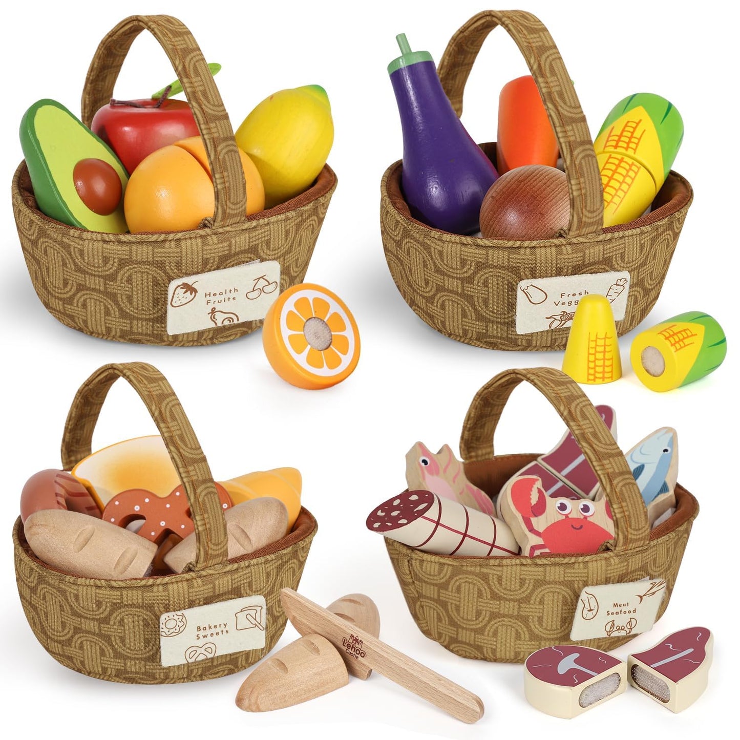 Lehoo Castle Wooden Play Food Set – Pretend Kitchen & Sorting Toys