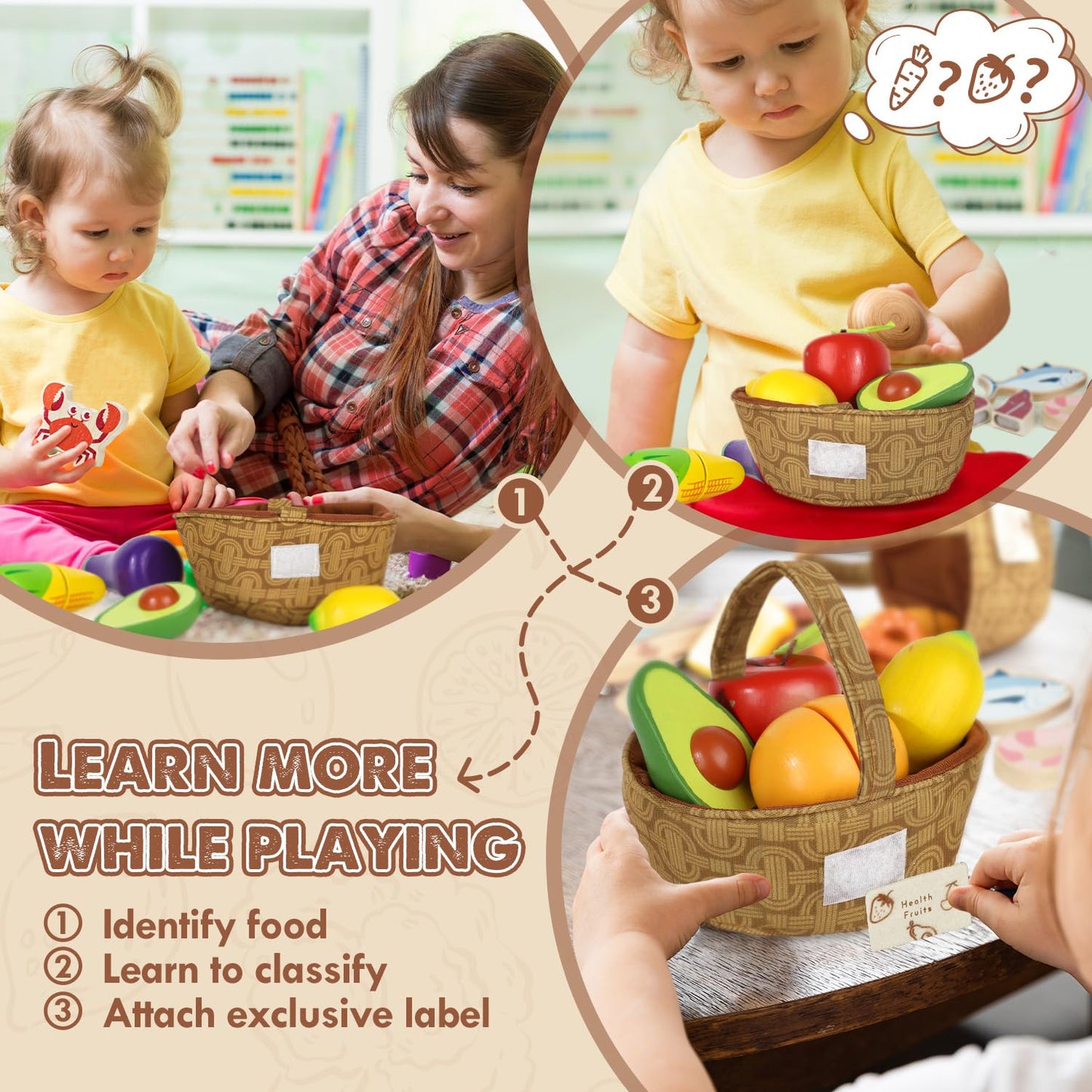 Lehoo Castle Wooden Play Food Set – Pretend Kitchen & Sorting Toys