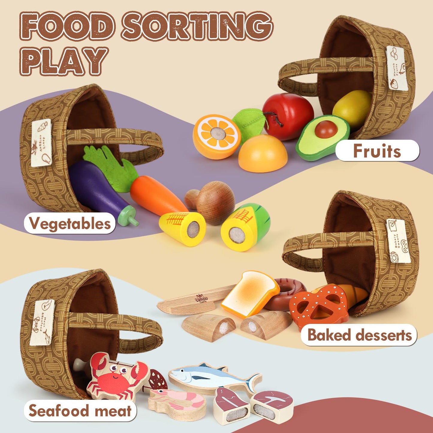 Lehoo Castle Wooden Play Food Set – Pretend Kitchen & Sorting Toys