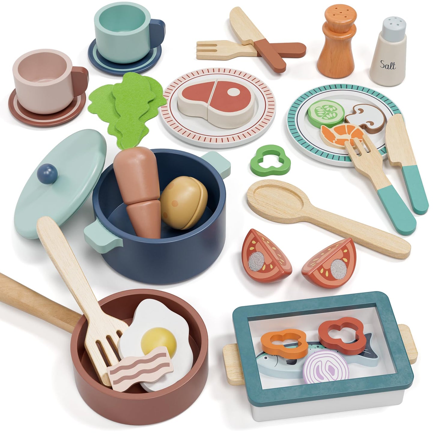 Lehoo Castle Wooden Play Kitchen Accessories – Pots, Pans & Cuttable Food Sets for Toddlers