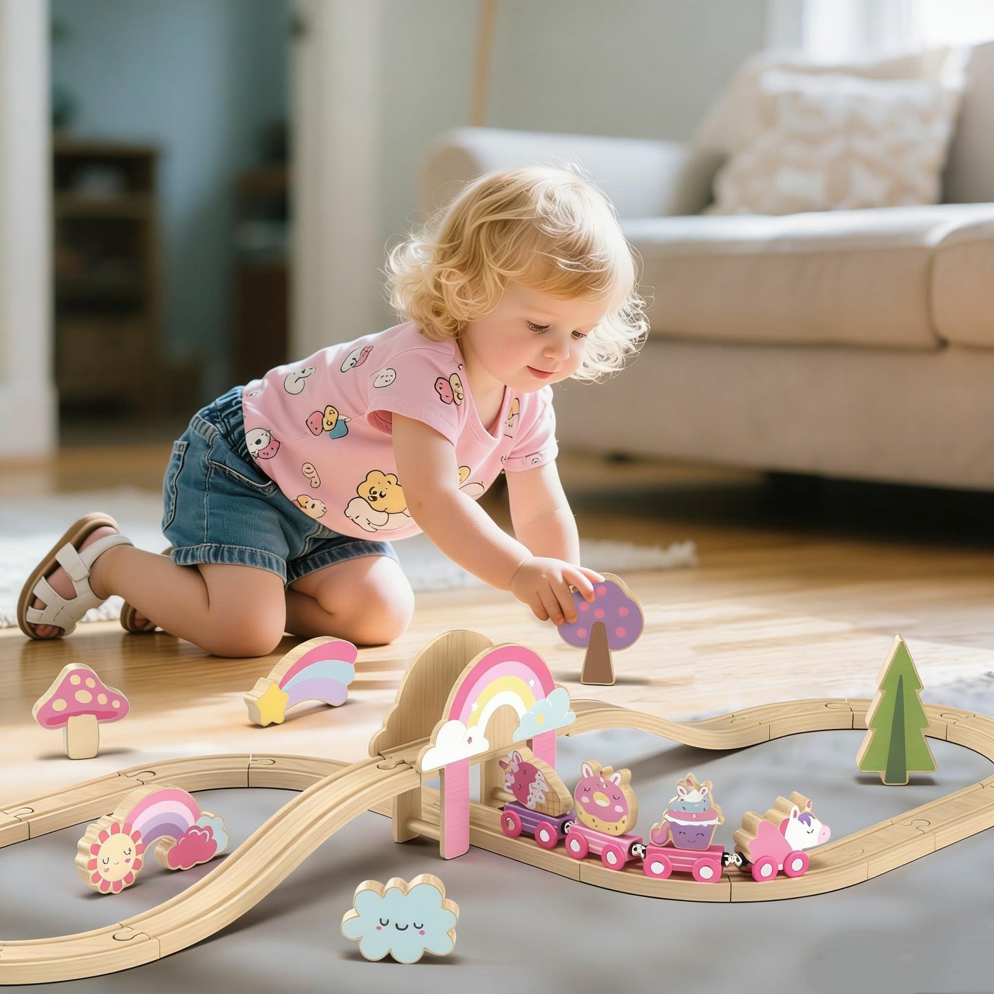 Lehoo Castle Wooden Train Set – Unicorn Pink Train for Toddlers 2-4 | Expandable Track