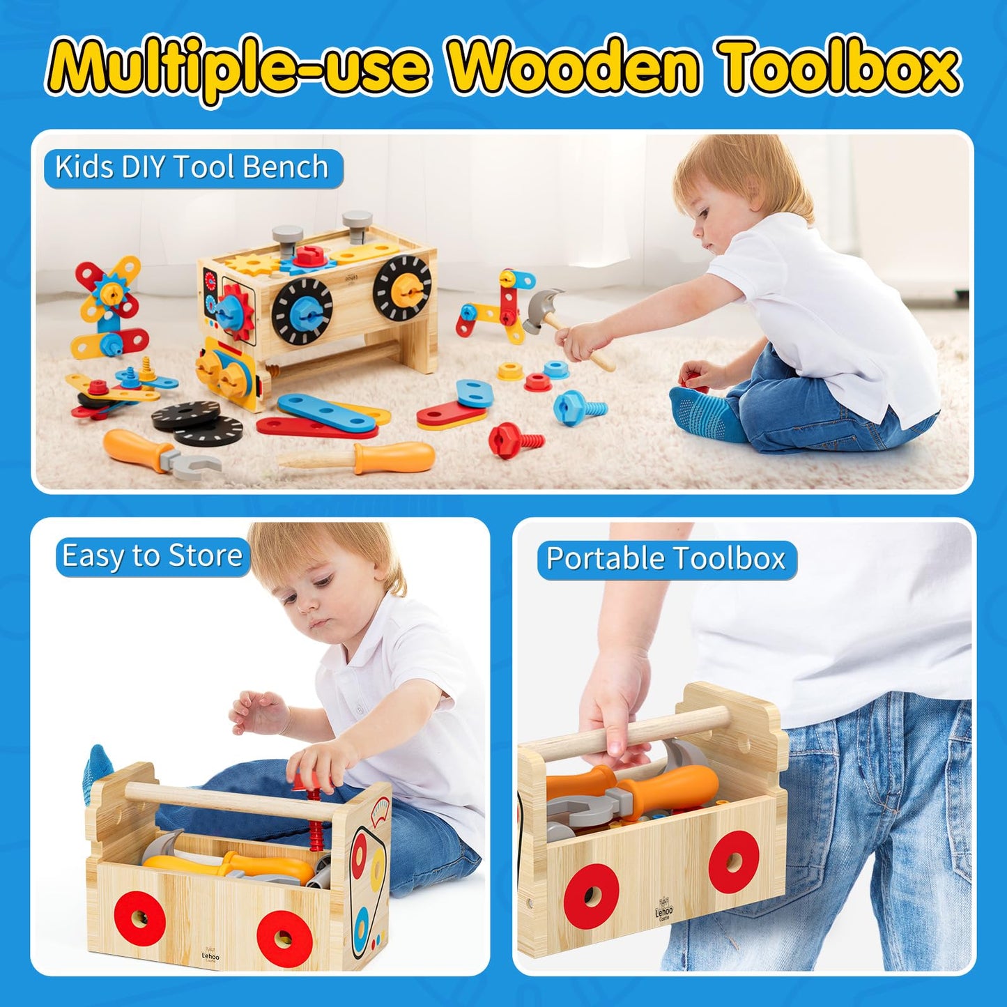 Lehoo Castle Montessori Kids Tool Set – Wooden Toddler Tool Bench for Ages 2-4 | STEM Pretend Play