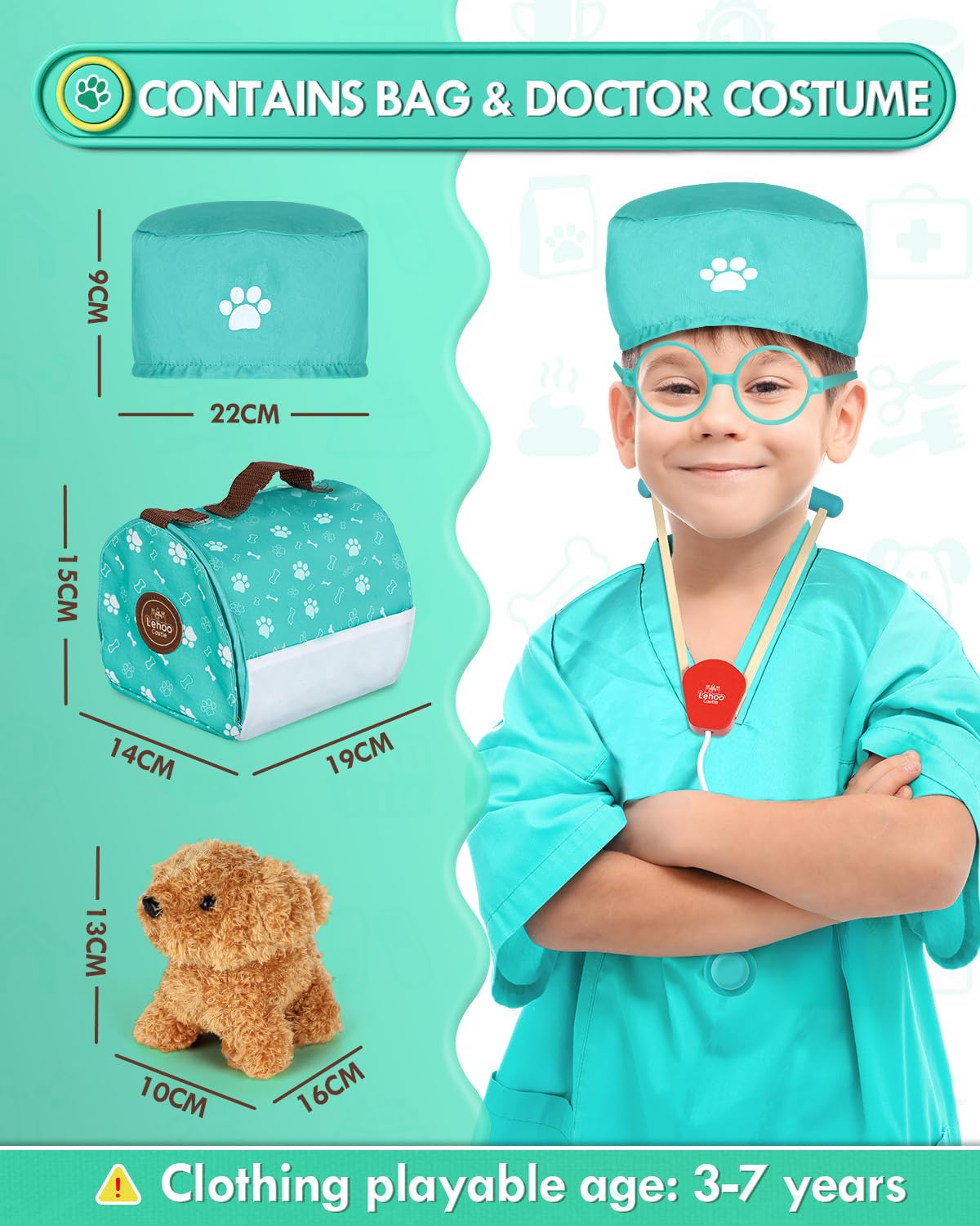 Lehoo Castle Wooden Doctor Kit for Kids | Pretend Vet Play Set with Dog Bag