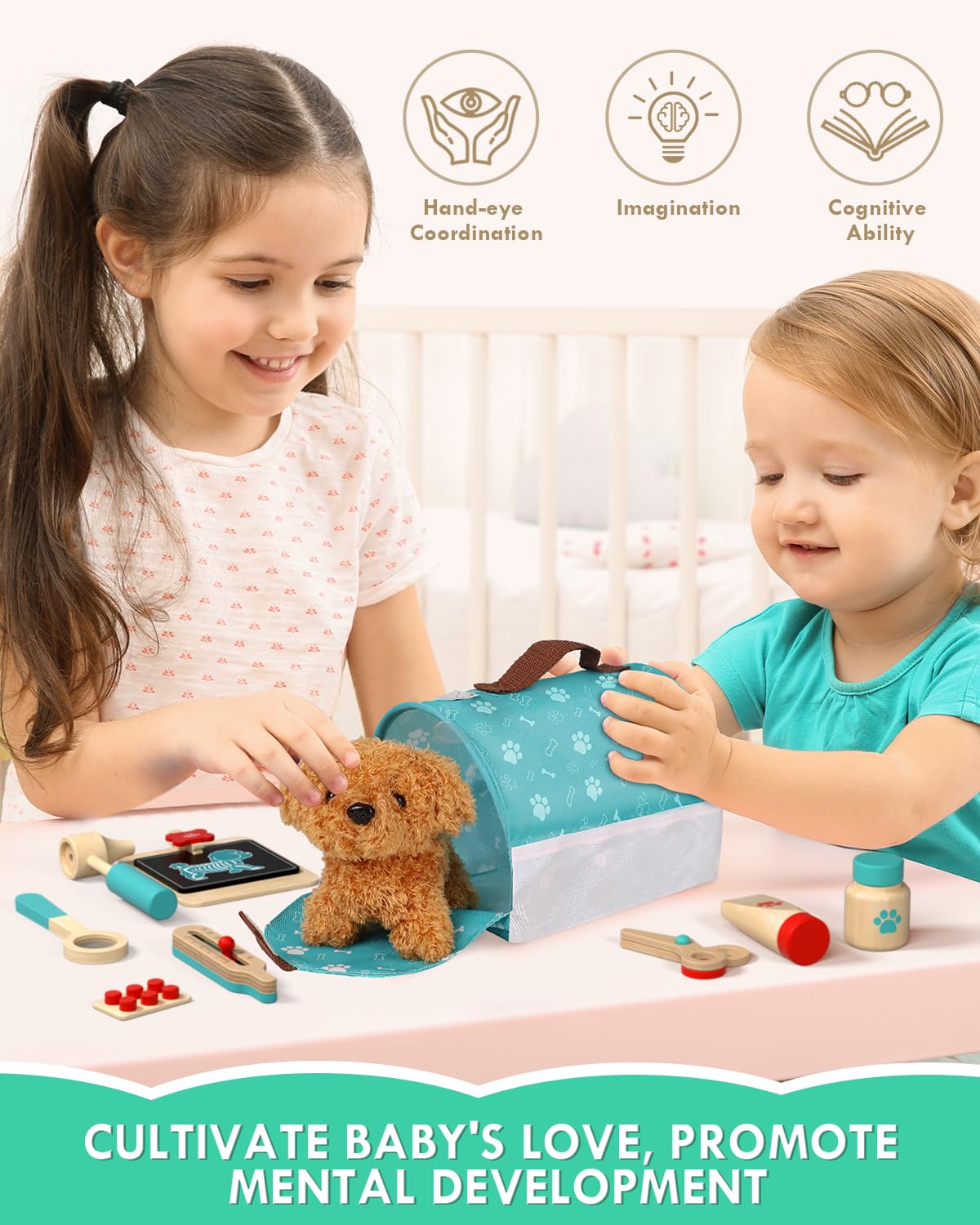 Lehoo Castle Wooden Doctor Kit for Kids | Pretend Vet Play Set with Dog Bag
