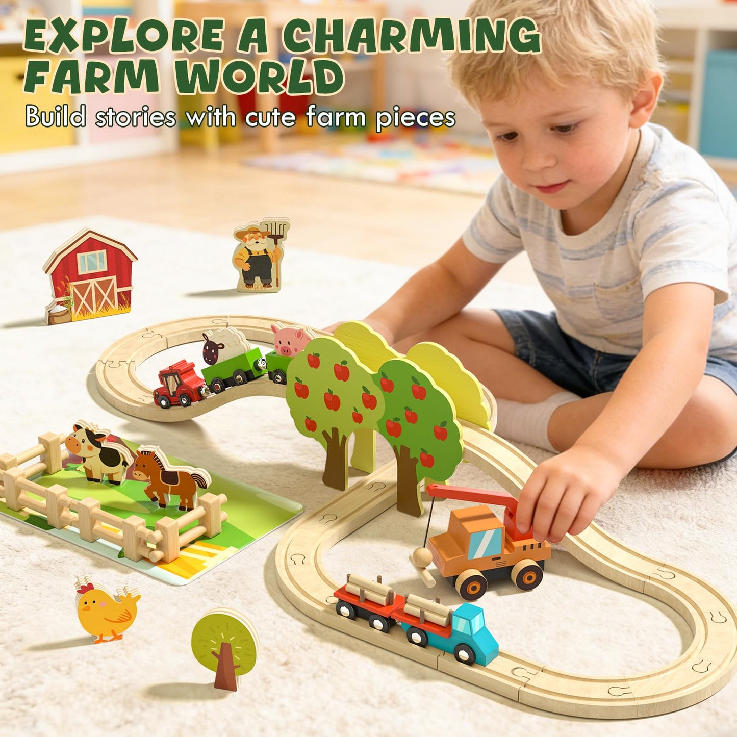 Lehoo Castle Wooden Train Set for Toddlers 2-4 – Farm Animals & Wooden Track