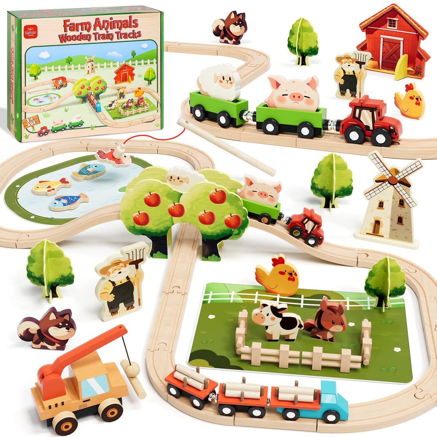 Lehoo Castle Wooden Train Set for Toddlers 2-5 — Farm Animals & 72-Piece Track