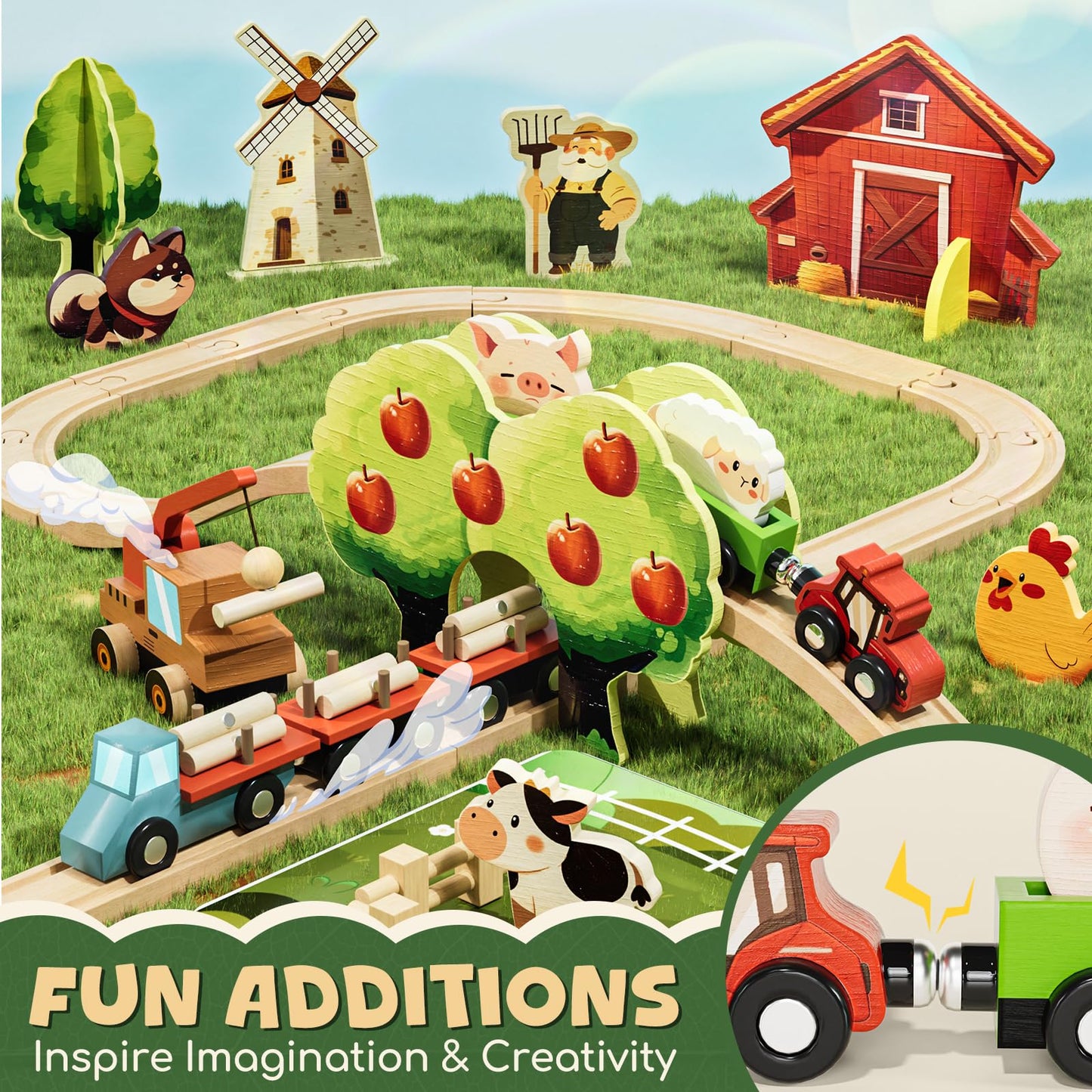 Lehoo Castle Wooden Train Set for Toddlers 2-5 — Farm Animals & 72-Piece Track