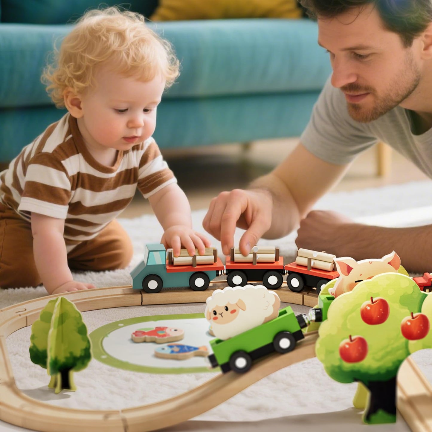 Lehoo Castle Wooden Train Set for Toddlers 2-5 — Farm Animals & 72-Piece Track