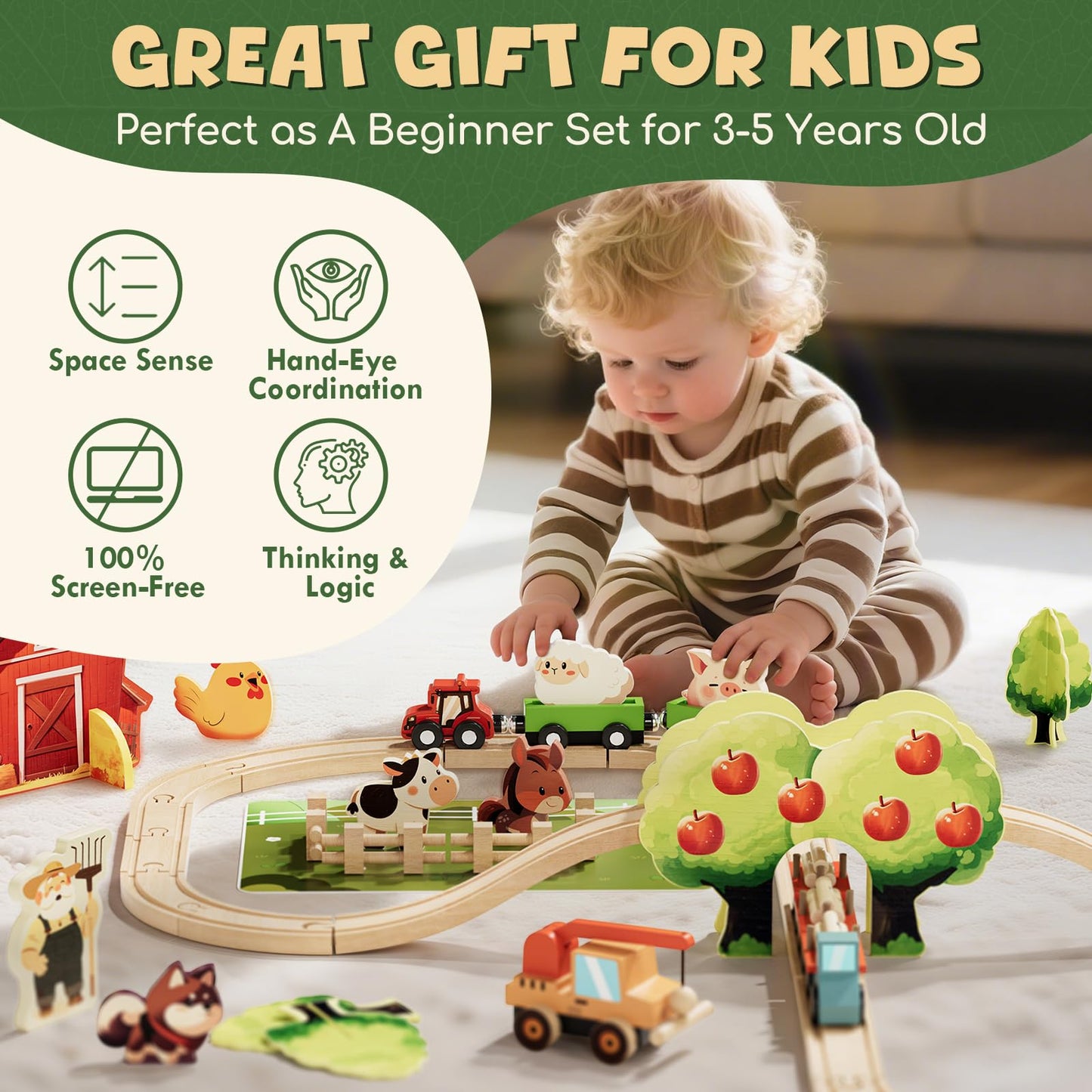 Lehoo Castle Wooden Train Set for Toddlers 2-5 — Farm Animals & 72-Piece Track