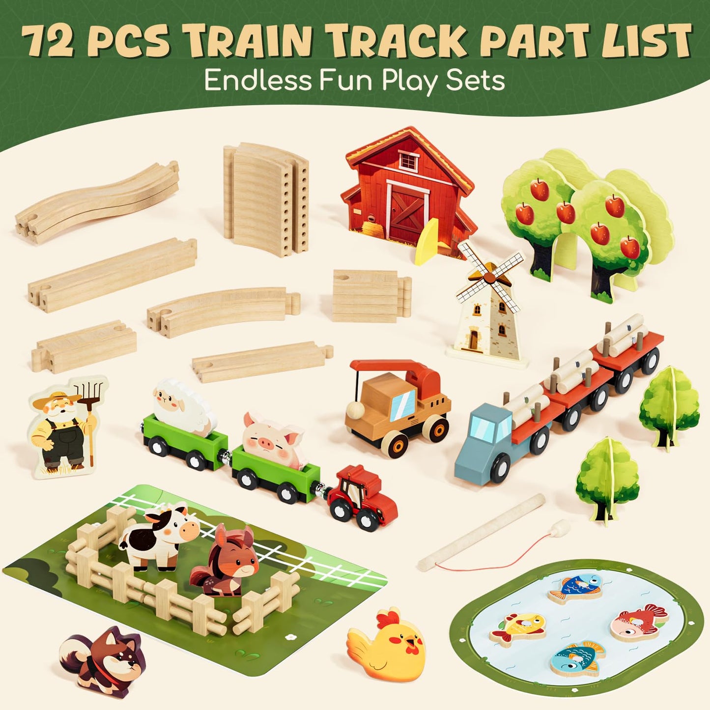 Lehoo Castle Wooden Train Set for Toddlers 2-5 — Farm Animals & 72-Piece Track