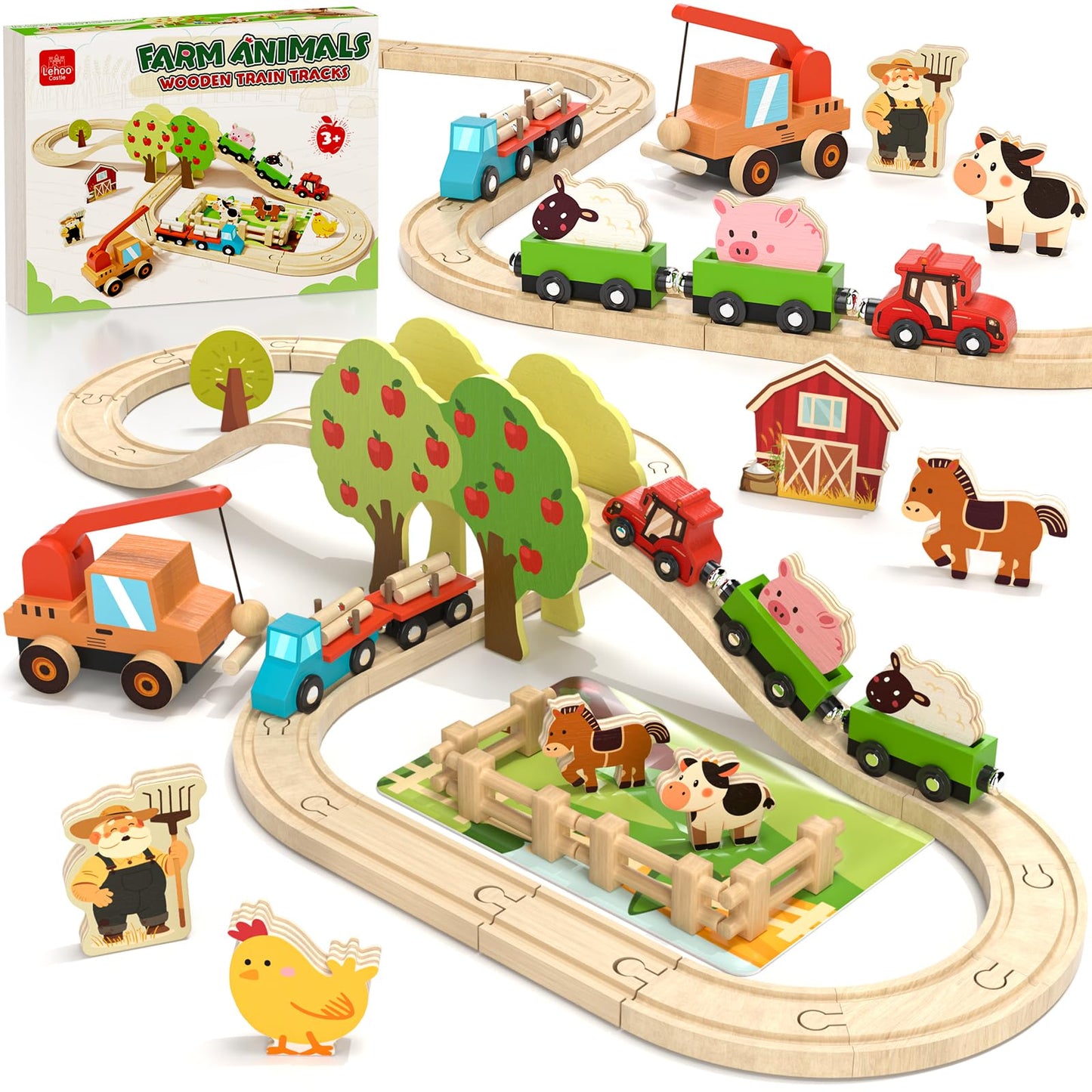Lehoo Castle Wooden Train Set for Toddlers 2-4 – Farm Animals & Wooden Track