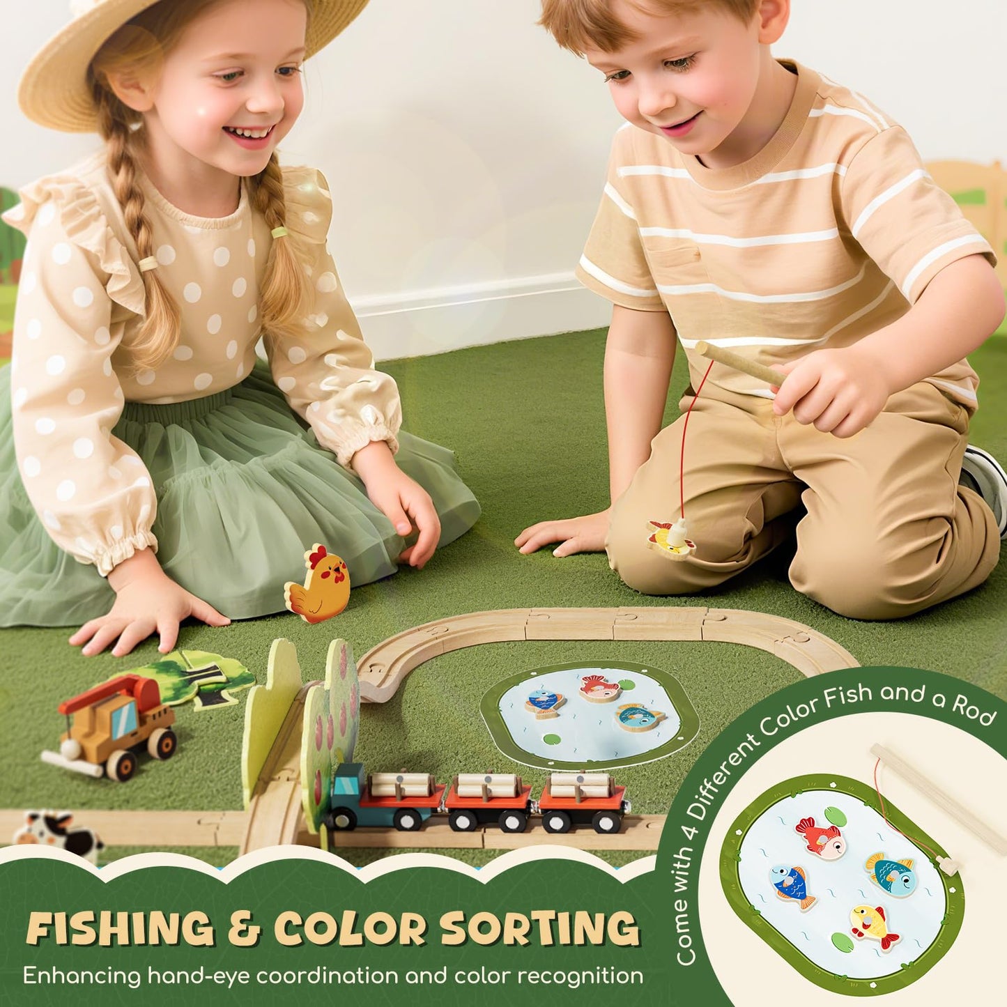 Lehoo Castle Wooden Train Set for Toddlers 2-5 — Farm Animals & 72-Piece Track