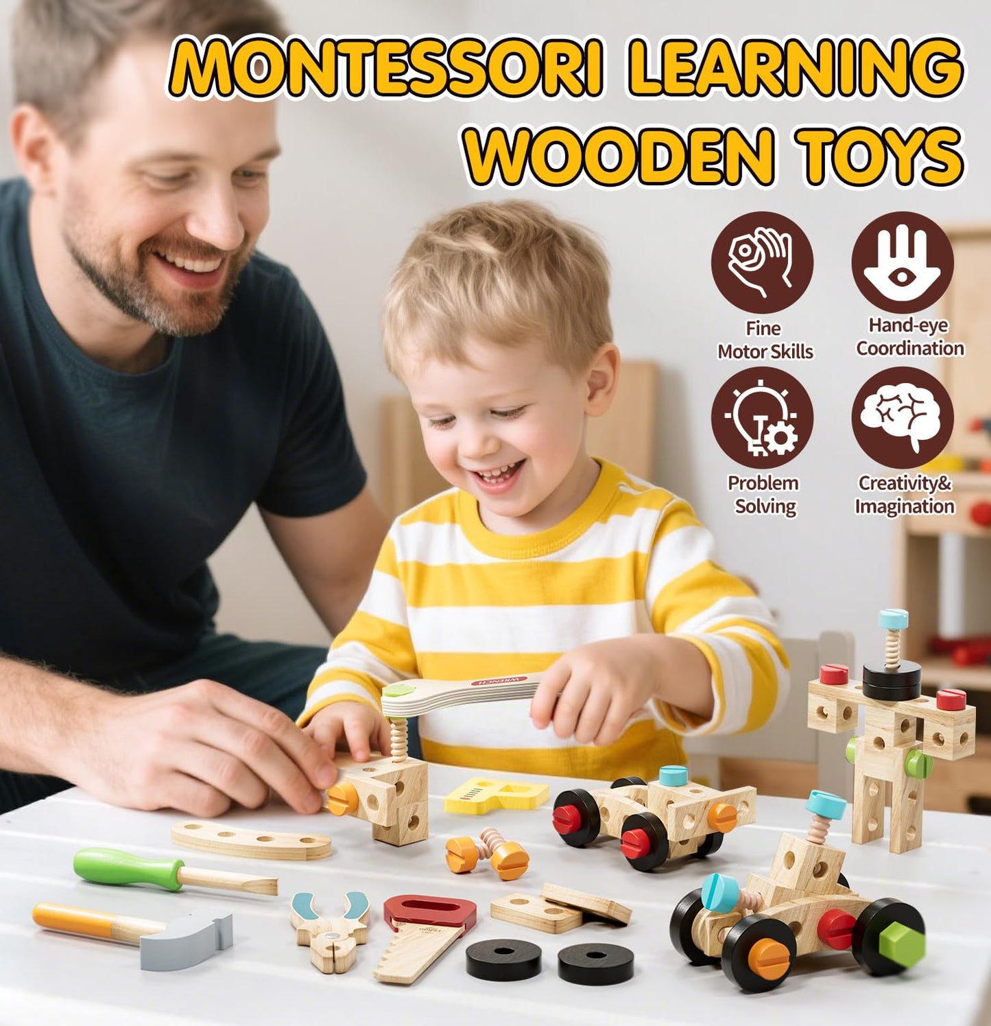 Lehoo Castle Kids Tool Set with Toolbox – Wooden Construction Toys for 3-5 Year Olds