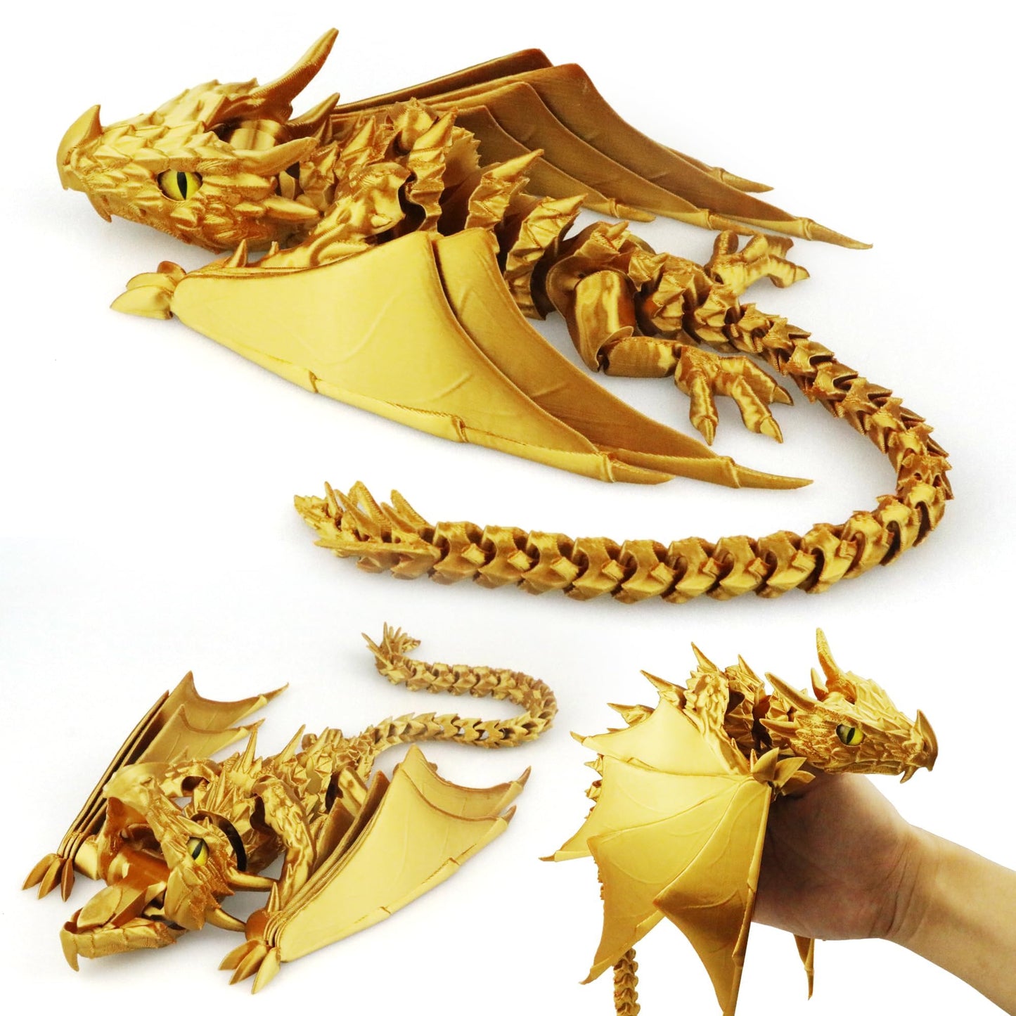 LehuoMaker 3D Printed Dragon with Wings – Articulated Fidget Dragon Toy, Silk Gold Desktop Decor