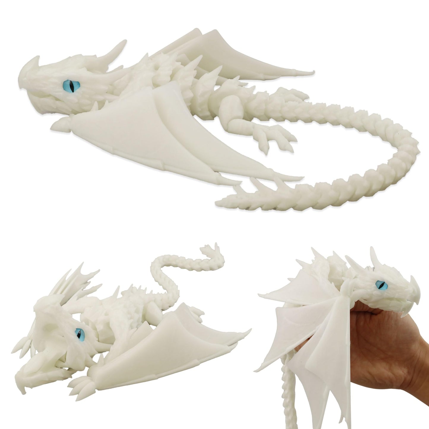 LehuoMaker 3D Printed Dragon with Wings - Flexible Articulated Crystal Dragon for Desktop Decor (Luminous White)