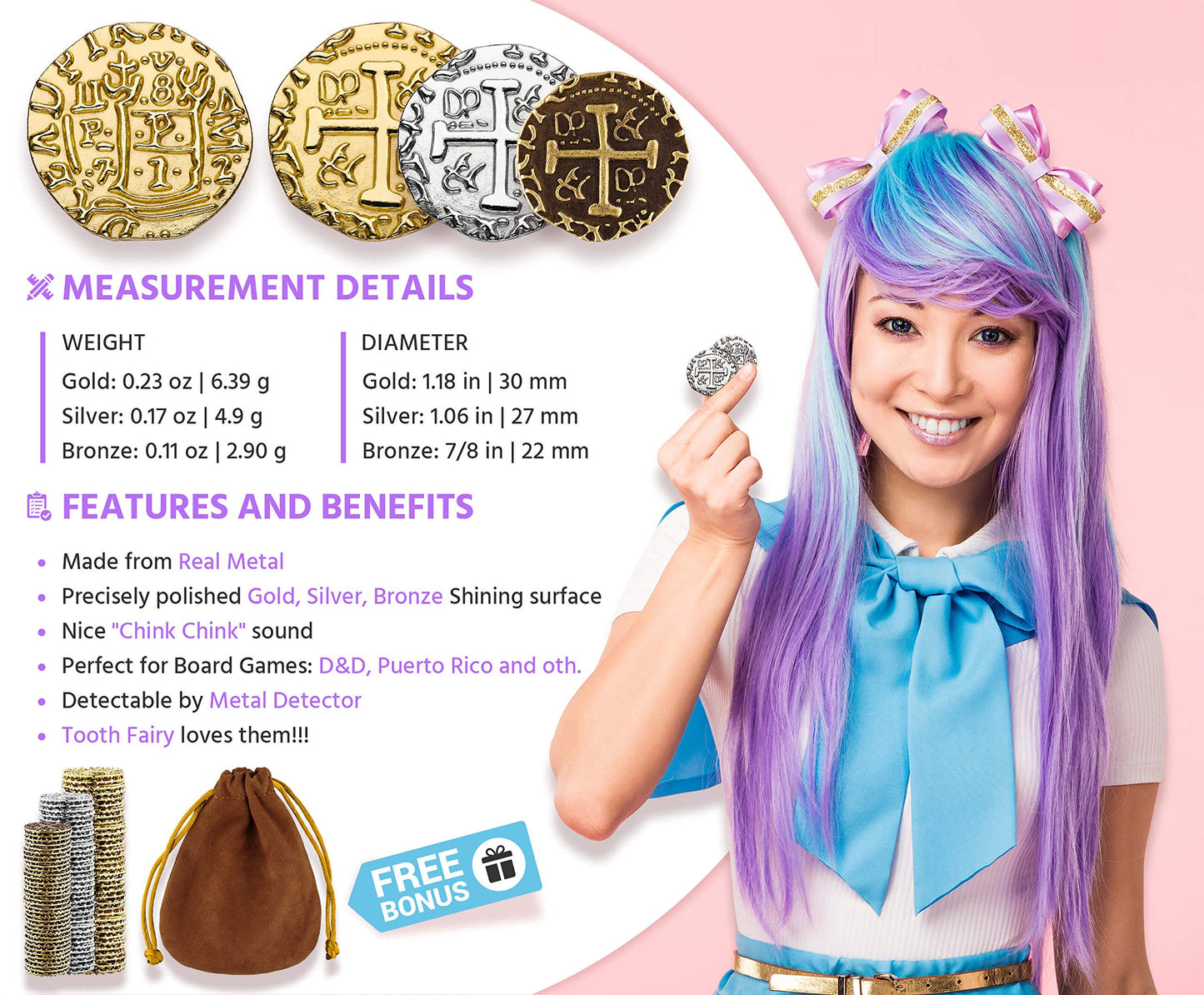 Leib Games Large Pirate Coins Set – 102 Treasure Doubloons (Bronze, Silver & Gold) for Parties, Cosplay & Decor