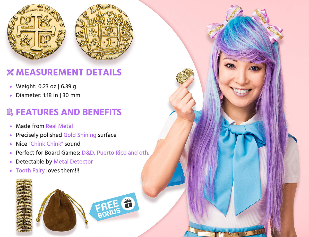 Leib Games Large Metal Pirate Coins - 35 Gold Doubloons for Games, Parties & Cosplay