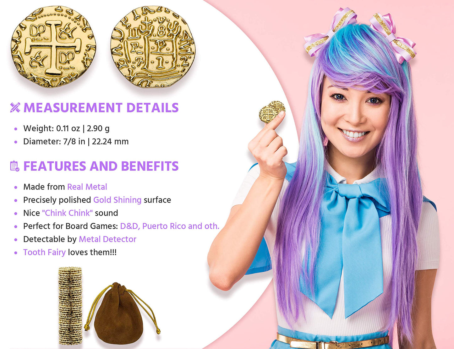 Leib Games Large Metal Pirate Coins - 100 Gold Doubloons (7/8in) for Games & Parties