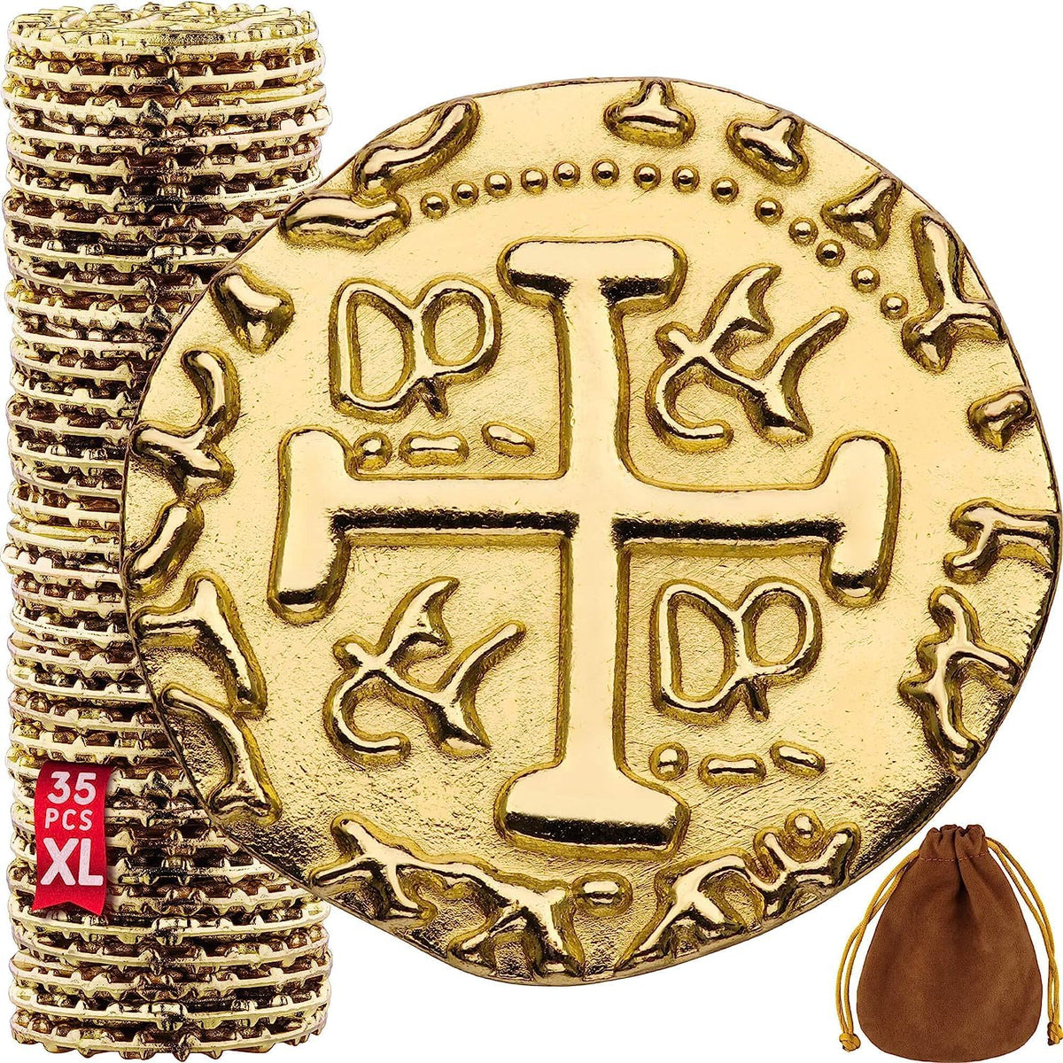 Leib Games Large Metal Pirate Coins - 35 Gold Doubloons for Games, Parties & Cosplay