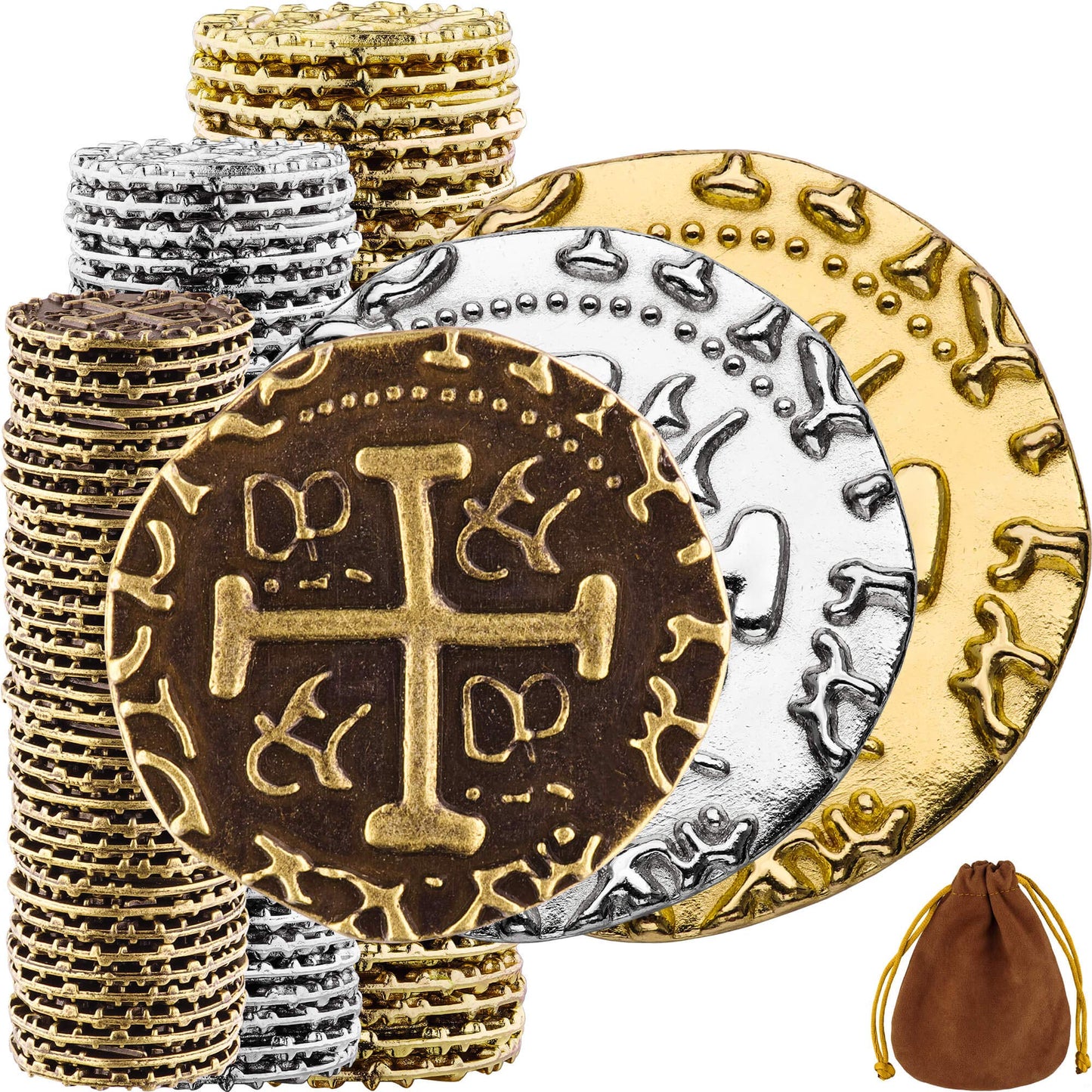 Leib Games Large Pirate Coins Set – 102 Treasure Doubloons (Bronze, Silver & Gold) for Parties, Cosplay & Decor