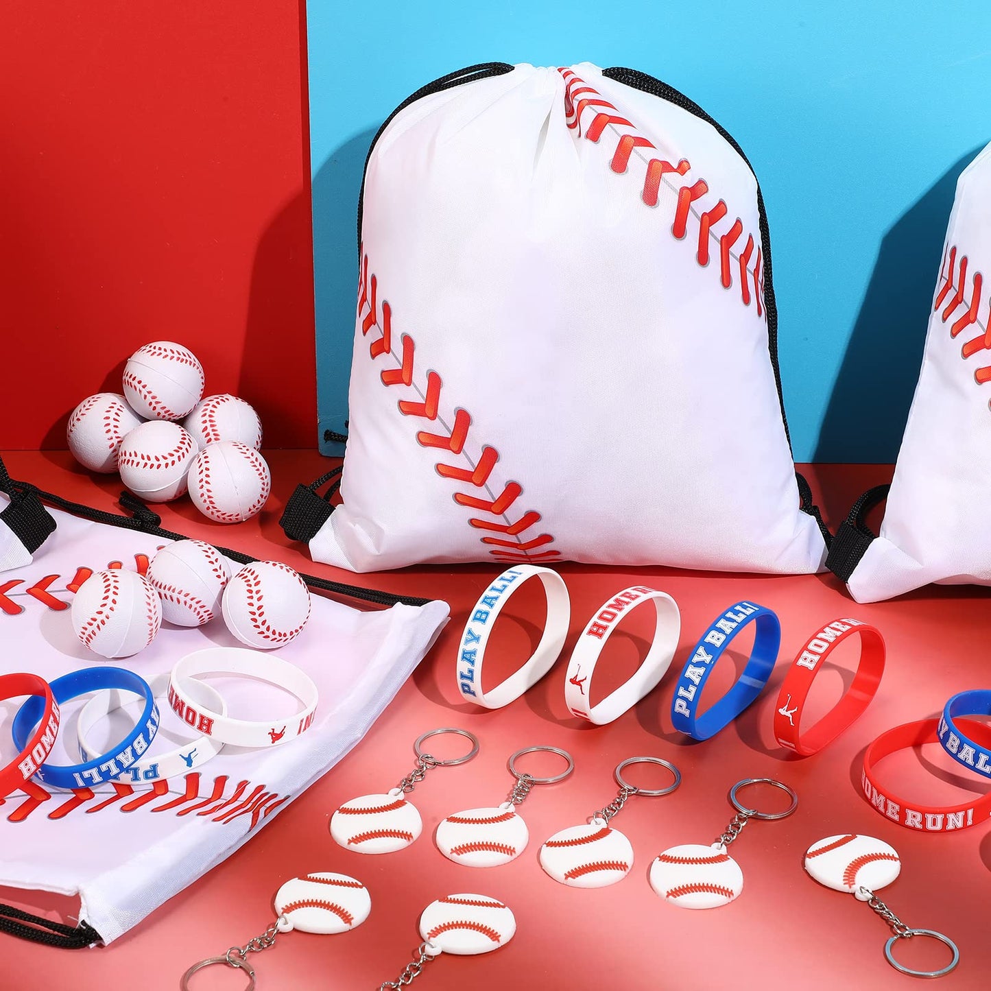 LEIFIDE Baseball Party Favors 48 Pcs Set – 12 Drawstring Bags, 12 Bracelets, 12 Keychains, 12 Foam Stress Balls