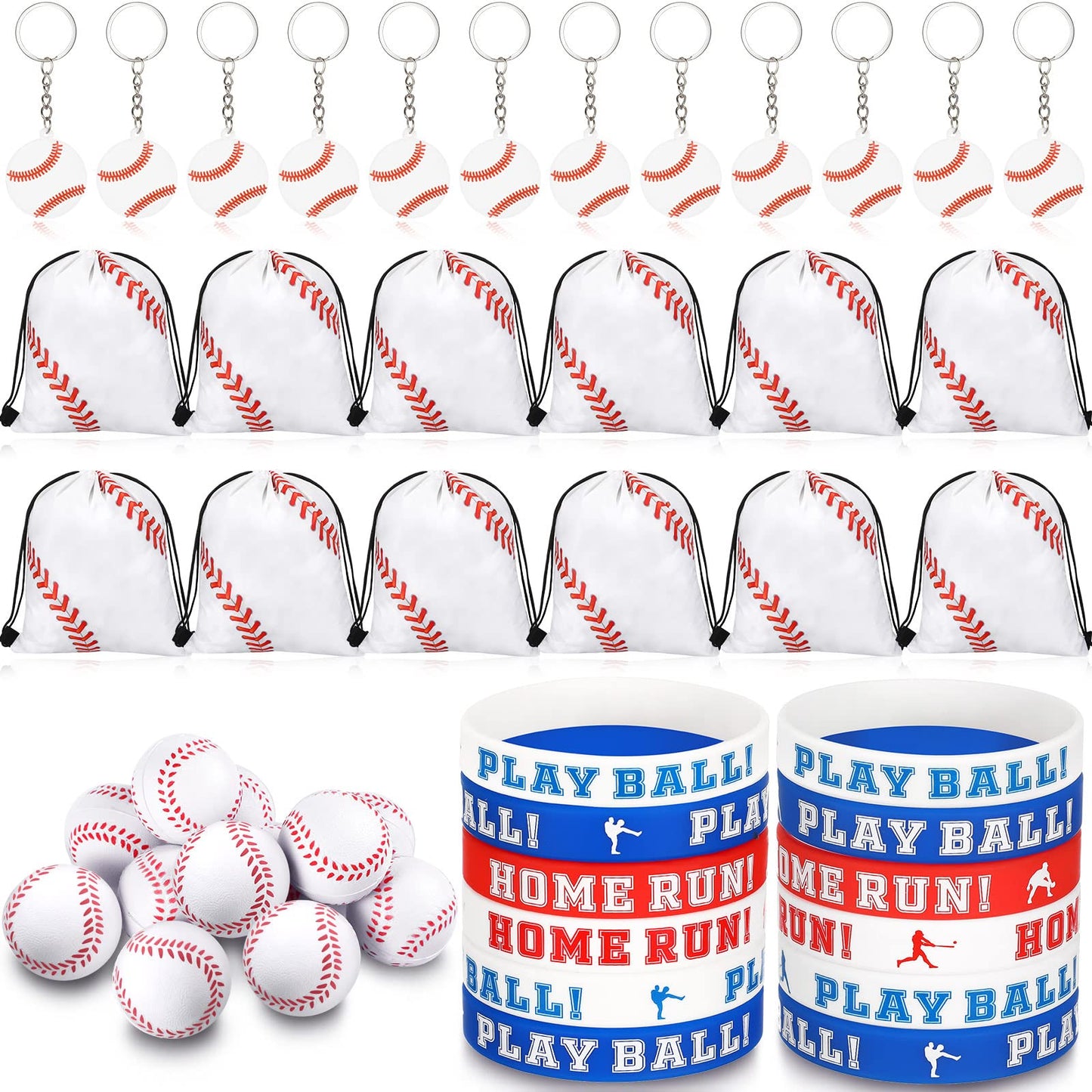 LEIFIDE Baseball Party Favors 48 Pcs Set – 12 Drawstring Bags, 12 Bracelets, 12 Keychains, 12 Foam Stress Balls