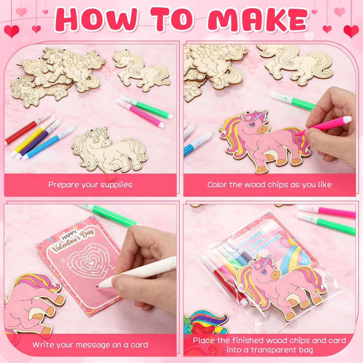 Leinuosen 24-Set Unicorn Valentines Day Crafts Kit – DIY Wooden Painting, Cards & Watercolor Pens