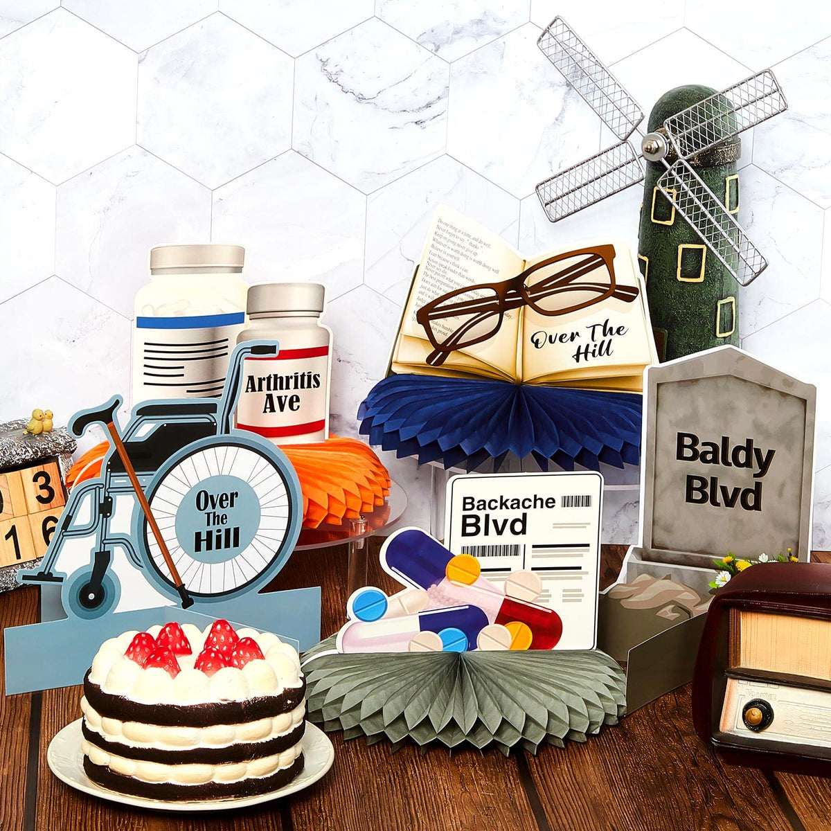 Leinuosen 9 Pcs Over-the-Hill Party Supplies: Old Age Honeycomb Centerpieces & Gag Cards