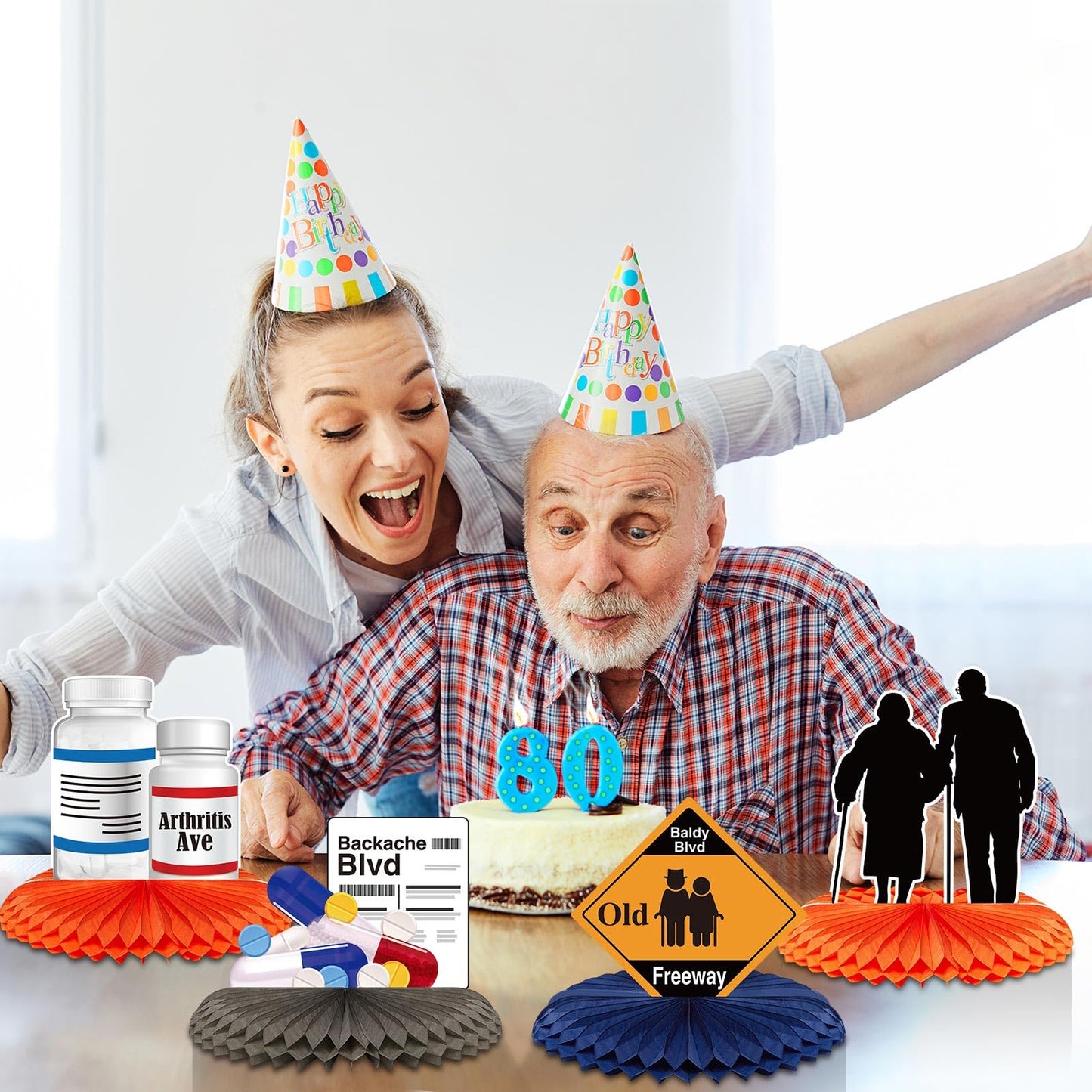 Leinuosen 9 Pcs Over-the-Hill Party Supplies: Old Age Honeycomb Centerpieces & Gag Cards