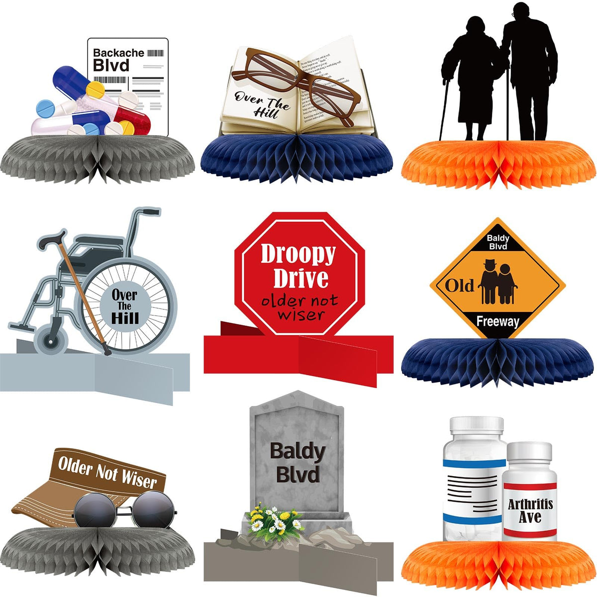 Leinuosen 9 Pcs Over-the-Hill Party Supplies: Old Age Honeycomb Centerpieces & Gag Cards