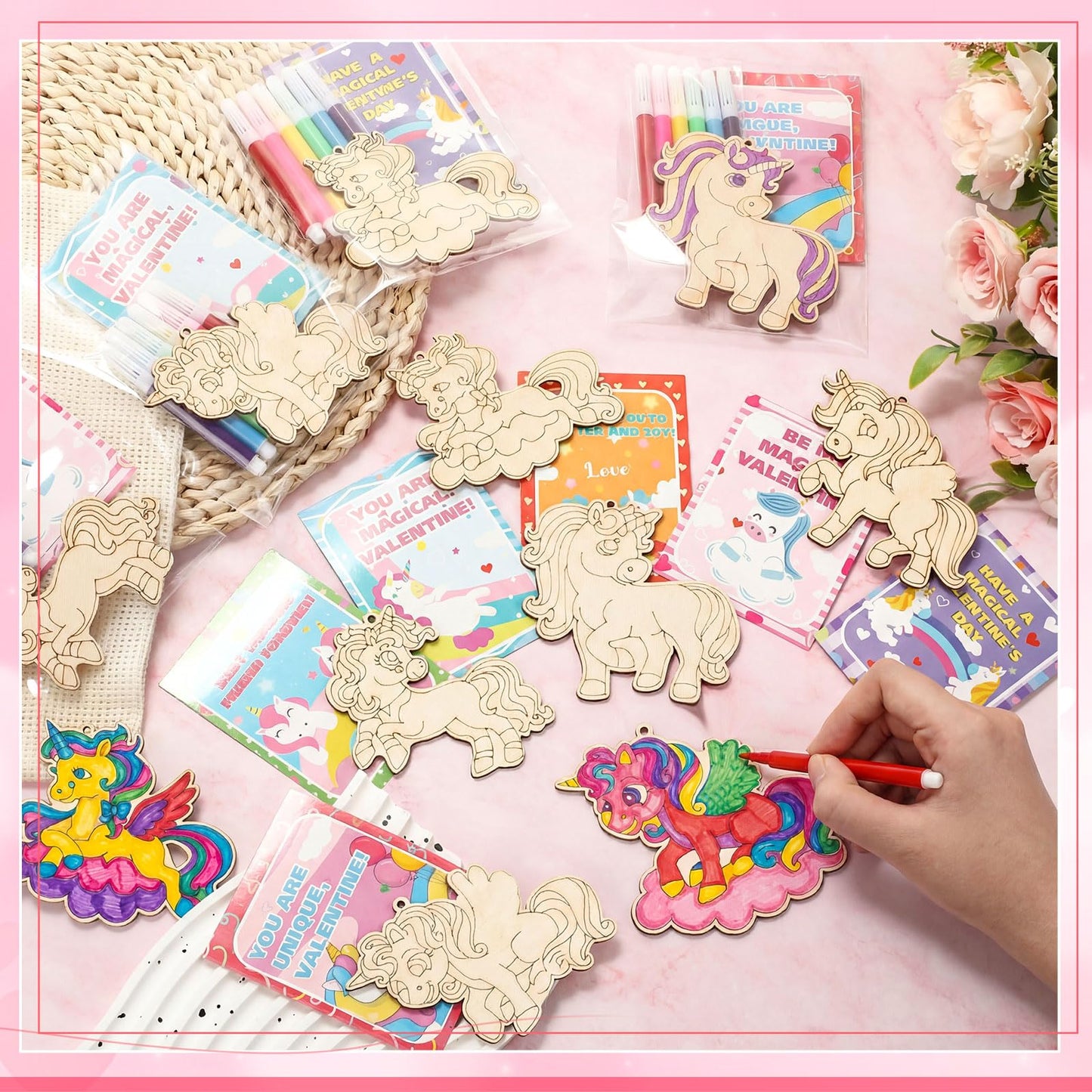 Leinuosen 24-Set Unicorn Valentines Day Crafts Kit – DIY Wooden Painting, Cards & Watercolor Pens