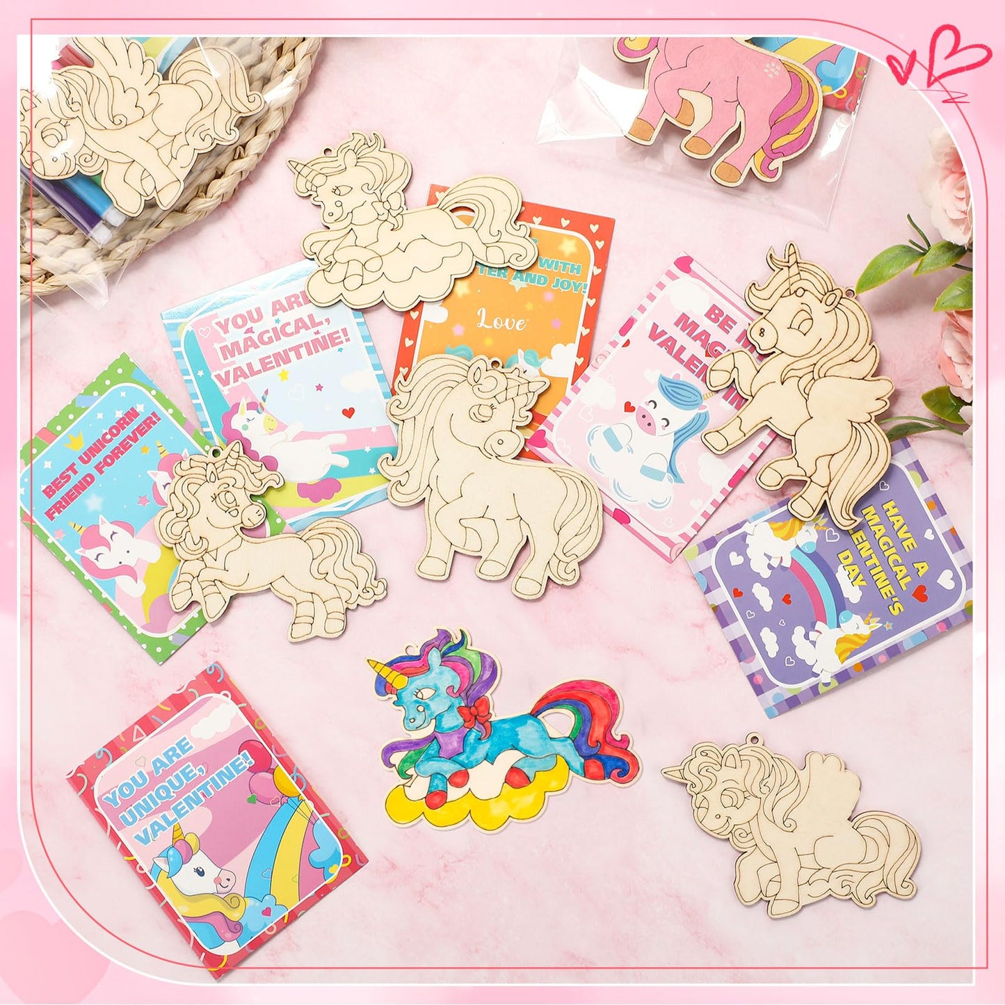 Leinuosen 24-Set Unicorn Valentines Day Crafts Kit – DIY Wooden Painting, Cards & Watercolor Pens