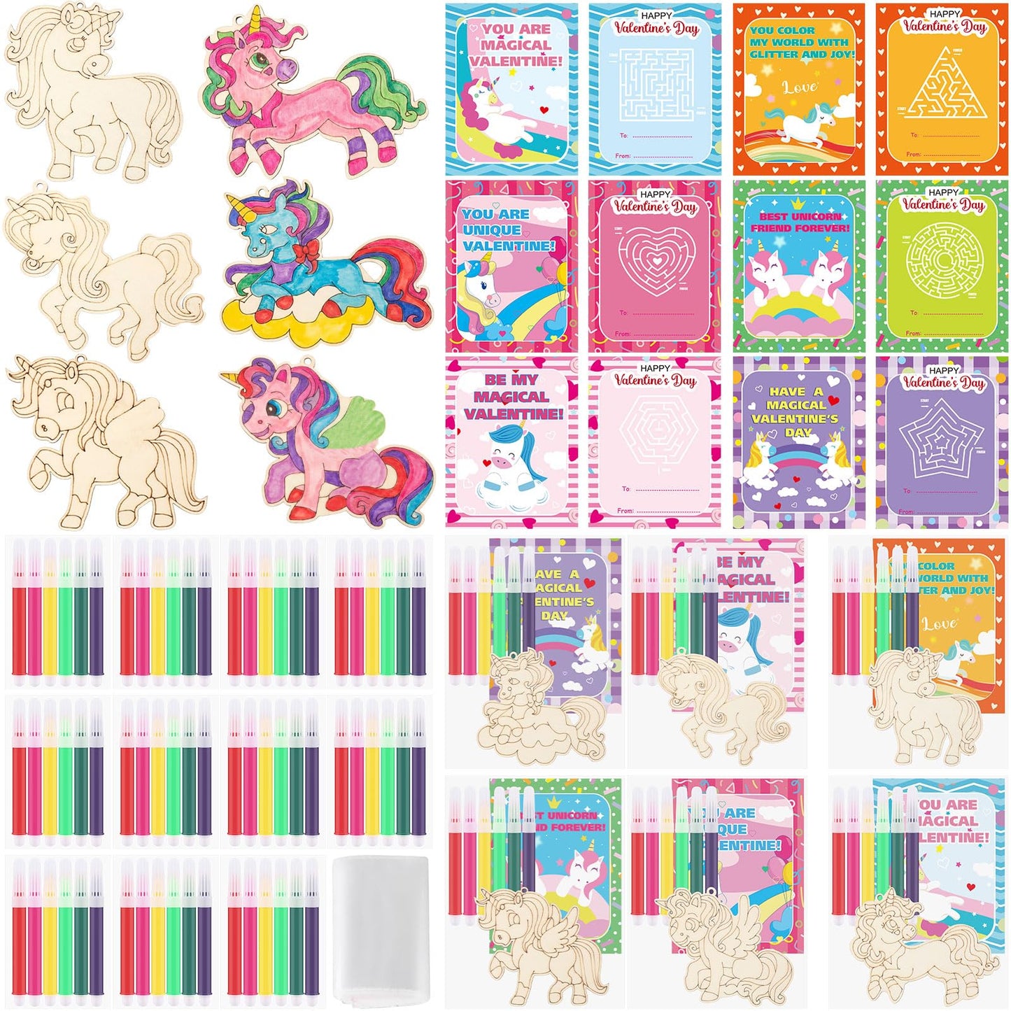 Leinuosen 24-Set Unicorn Valentines Day Crafts Kit – DIY Wooden Painting, Cards & Watercolor Pens