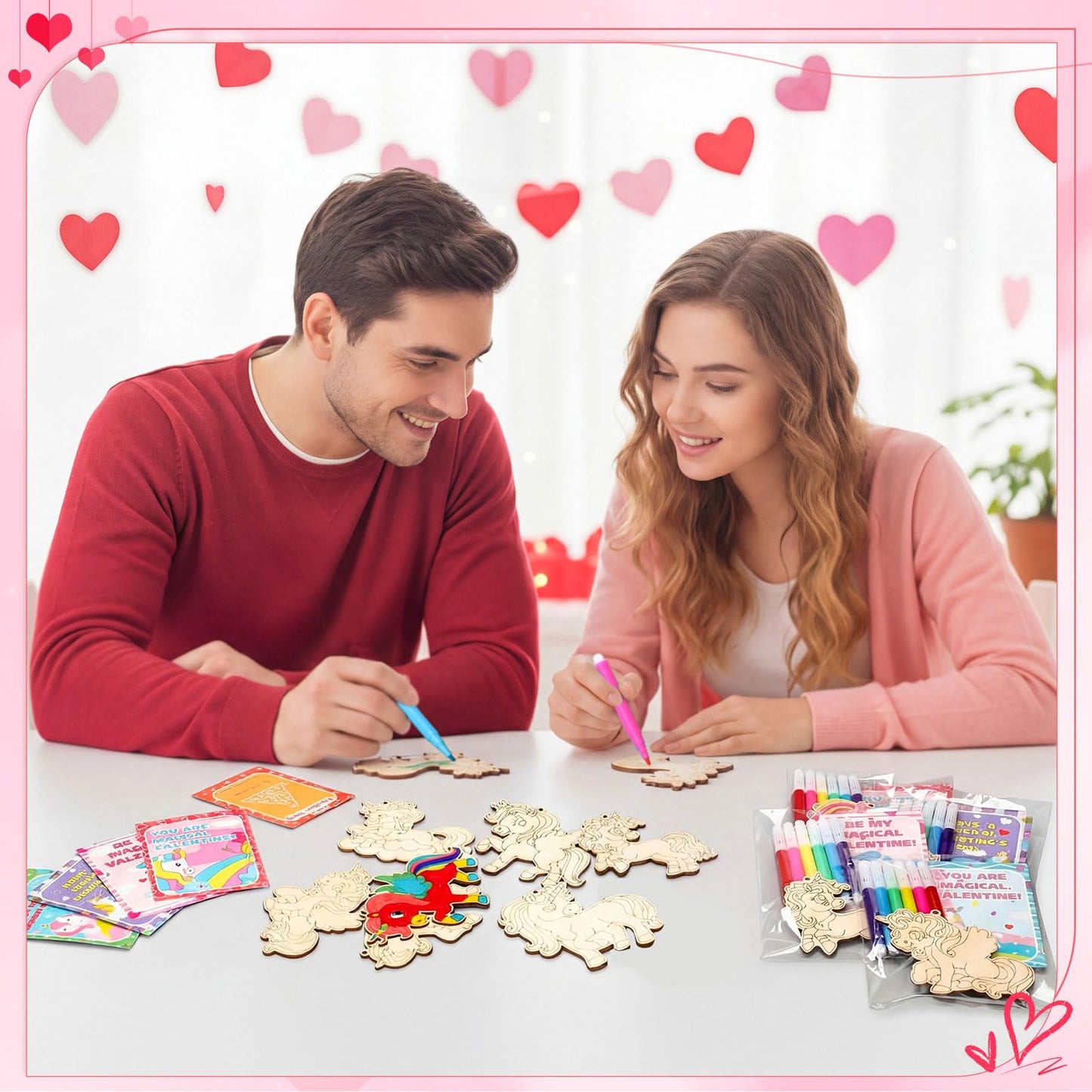 Leinuosen 24-Set Unicorn Valentines Day Crafts Kit – DIY Wooden Painting, Cards & Watercolor Pens