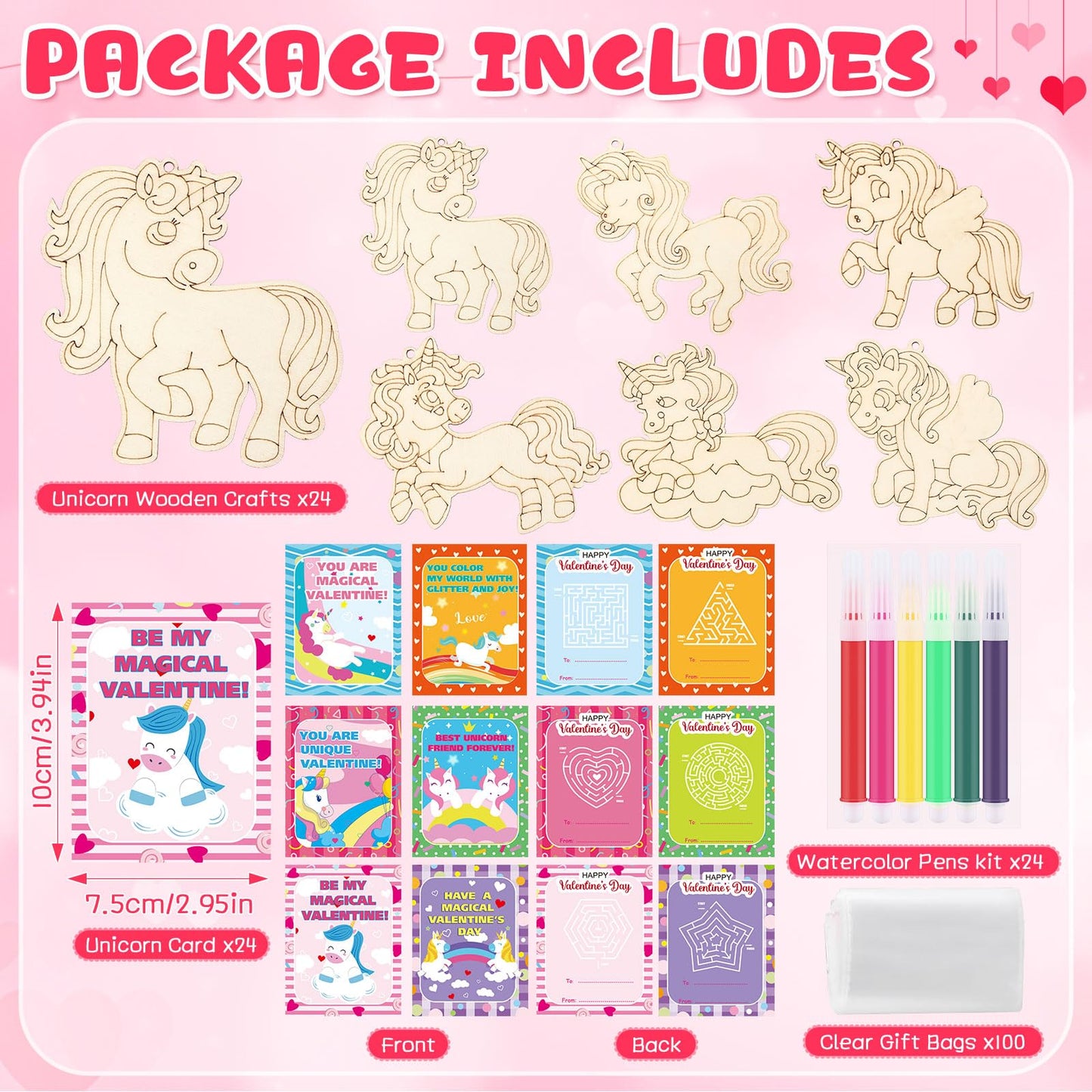 Leinuosen 24-Set Unicorn Valentines Day Crafts Kit – DIY Wooden Painting, Cards & Watercolor Pens