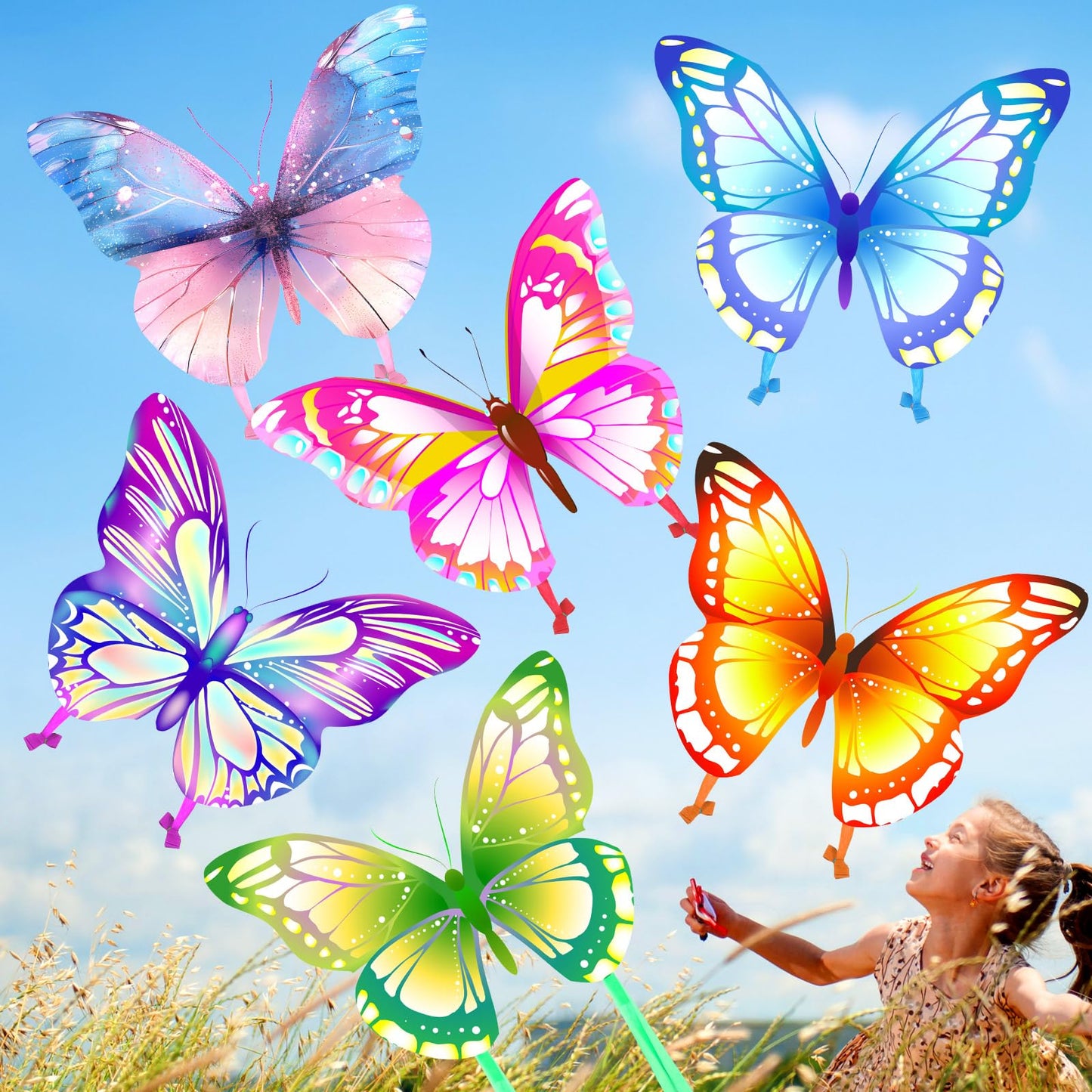 Leitee 6 Pack Large Kite Set: Butterfly, Dragonfly, Owl, Parrot, Eagle & Goldfish