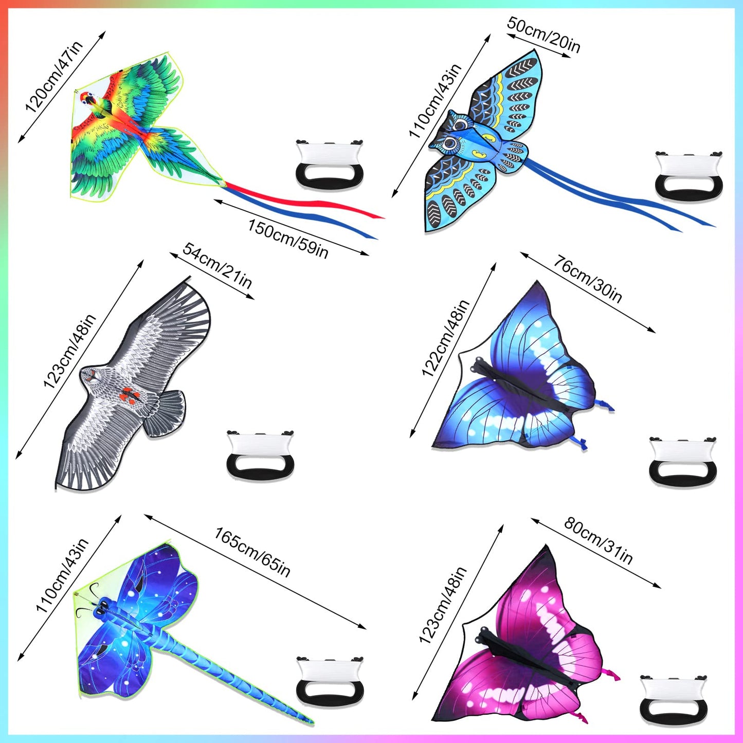 Leitee 6 Pack Large Kites for Kids & Adults – Butterfly, Dragonfly, Owl & More